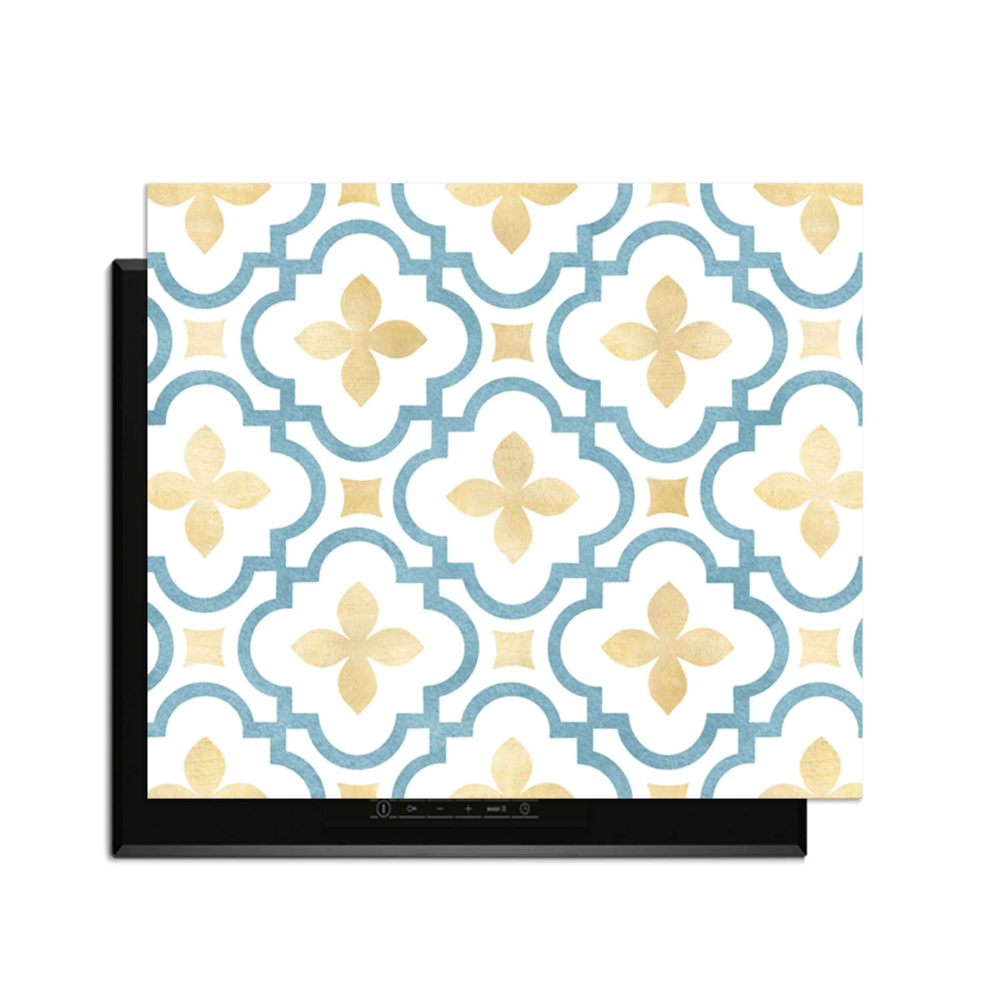 Azure Blossom Tile - Herdabdeckplatte mit goldenem und blauem Kachelmotiv für den mediterranen Stil in der Küche.