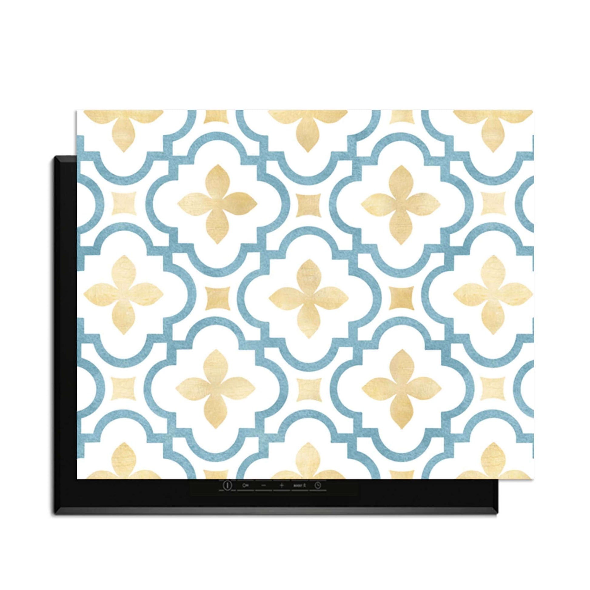 Azure Blossom Tile - Herdabdeckplatte mit goldenem und blauem Kachelmotiv für mediterranen Küchenstil und Funktionalität.
