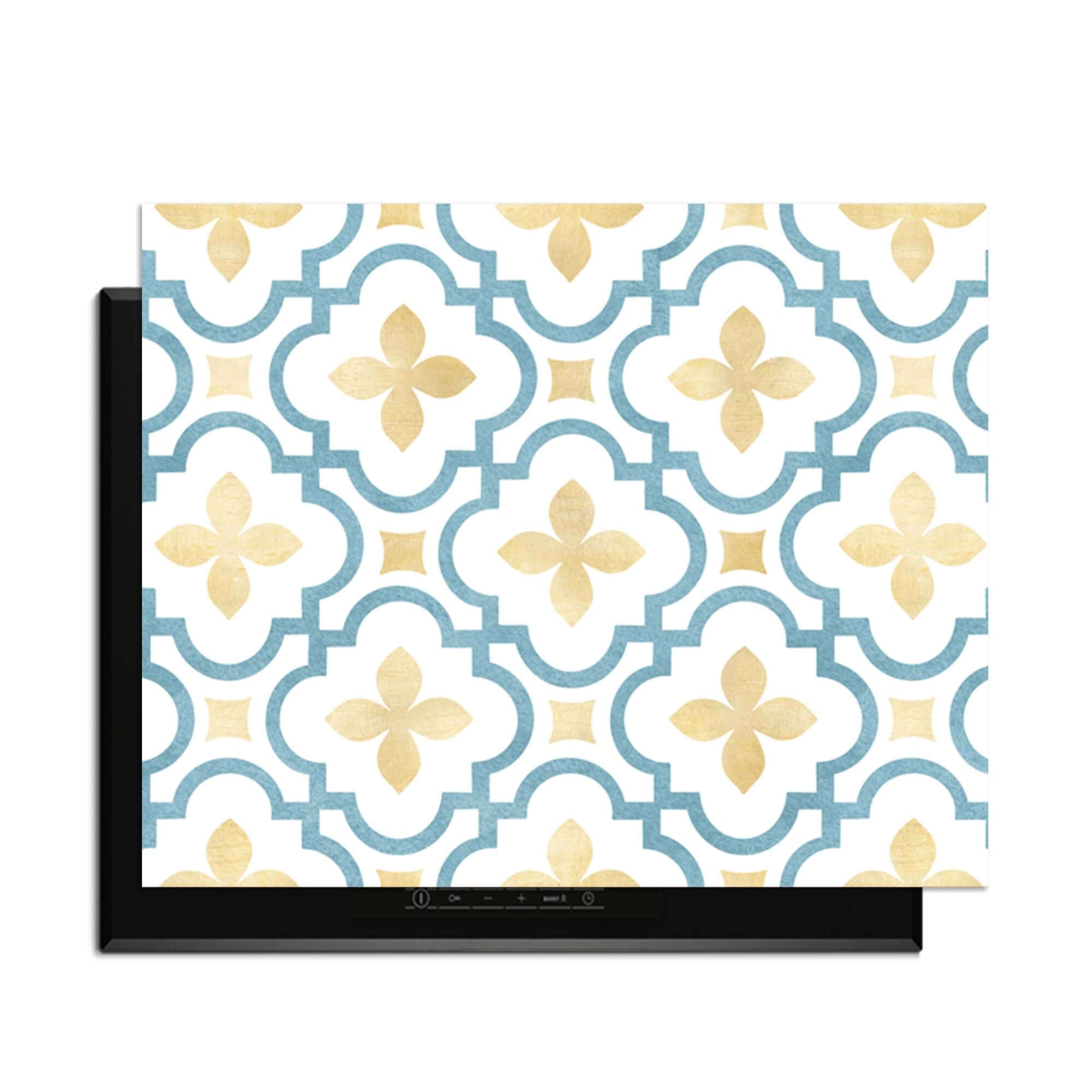 Azure Blossom Tile - Herdabdeckplatte mit goldenem und blauem Kachelmotiv für mediterranen Küchenstil und Funktionalität.