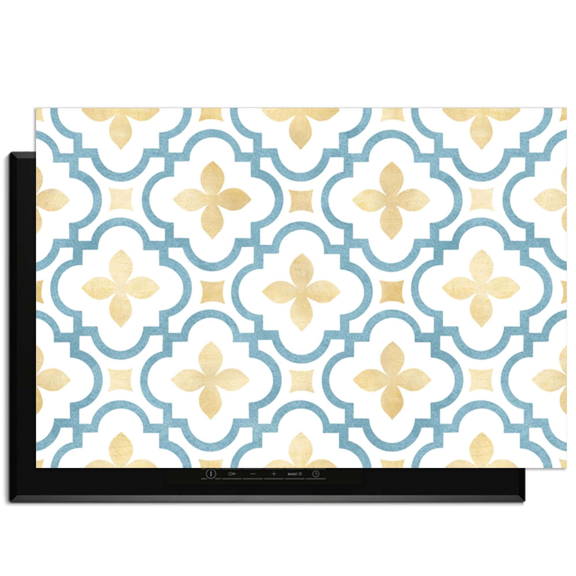 Azure Blossom Tile - Herdabdeckplatte mit goldenem und blauem Kachelmotiv.