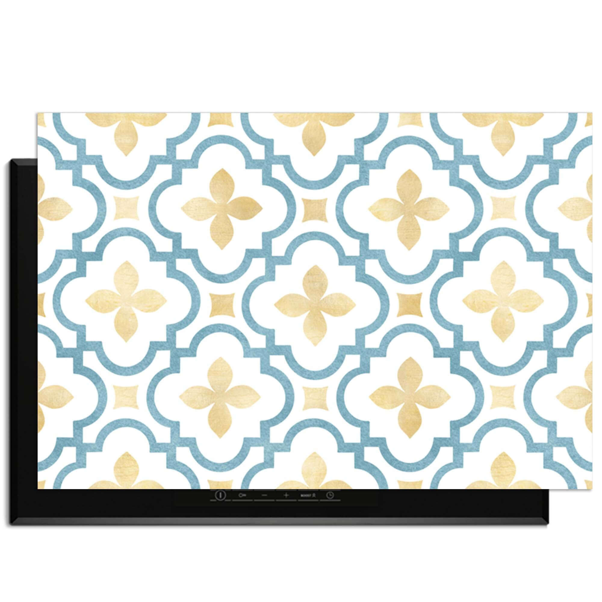 Azure Blossom Tile - Herdabdeckplatte mit goldenem und blauem Kachelmotiv.