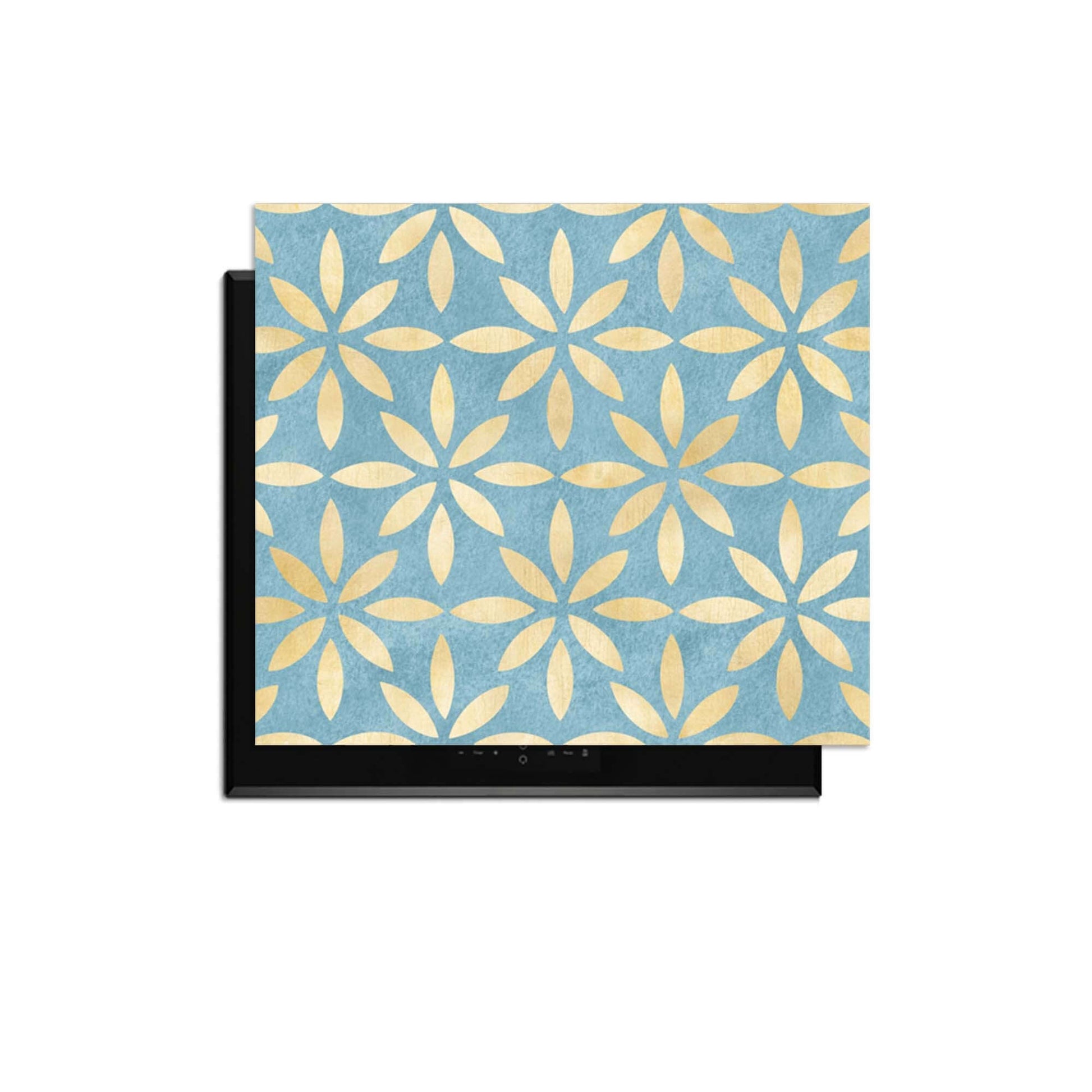 Azure Floral Cross - Herdabdeckplatte mit blau-goldenem Blumendesign, stilvolles Küchen-Upgrade.