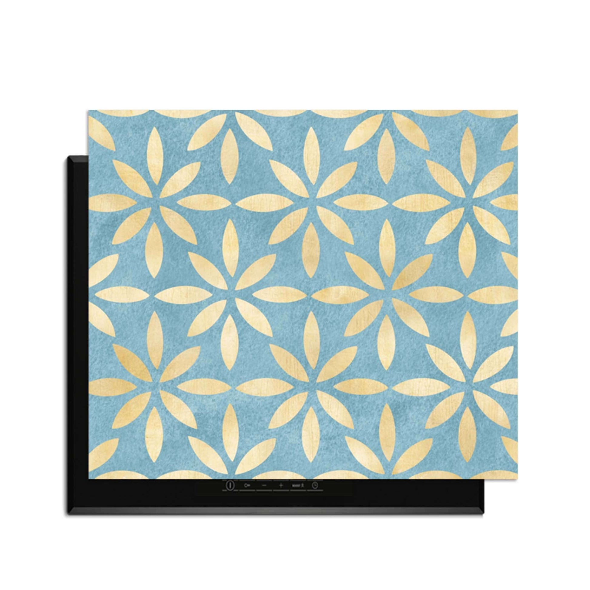Azure Floral Cross - Herdabdeckplatte mit blau-goldenem Blumendesign, elegante Küchenaufwertung.