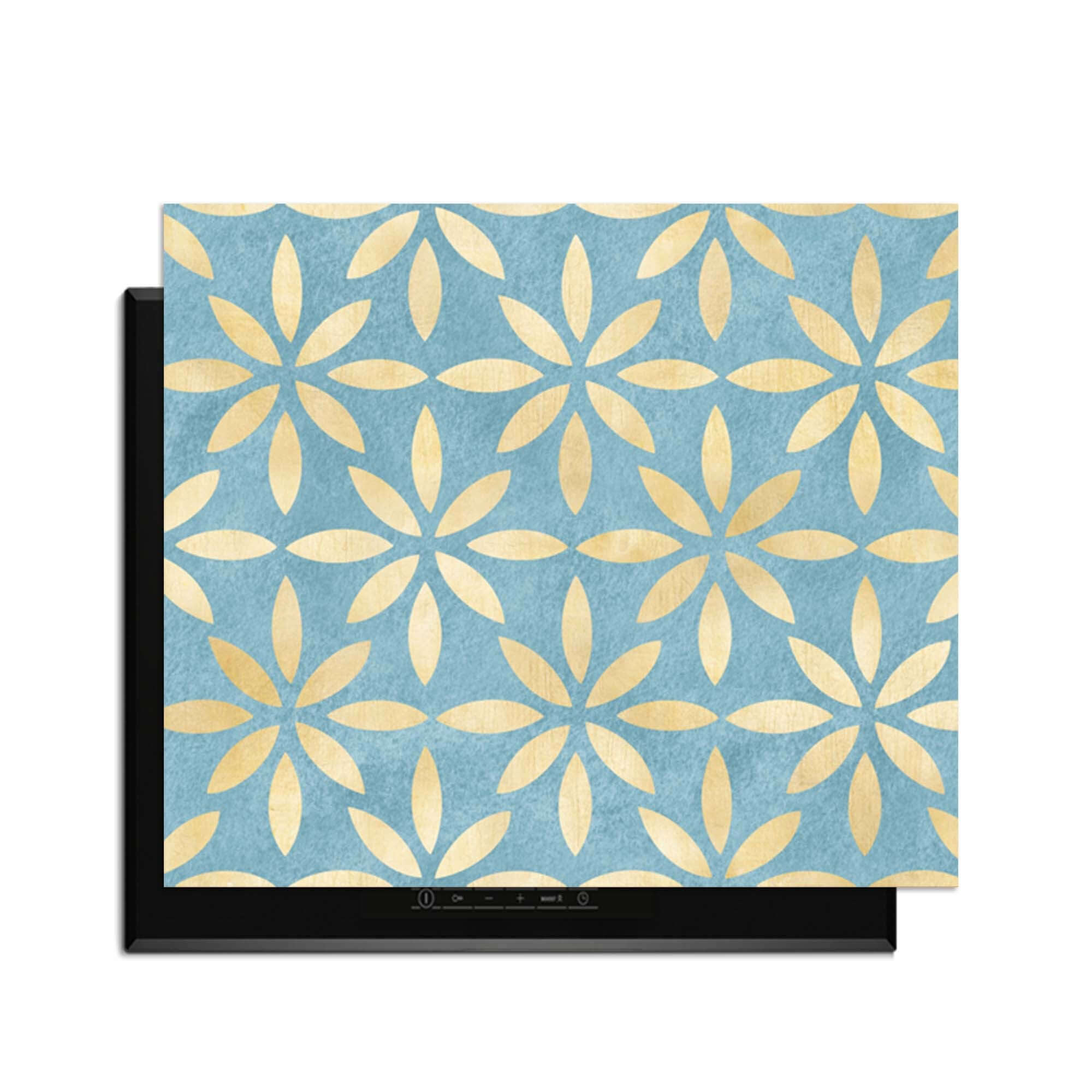 Azure Floral Cross - Herdabdeckplatte mit blau-goldenem Blumendesign, elegante Küchenaufwertung.