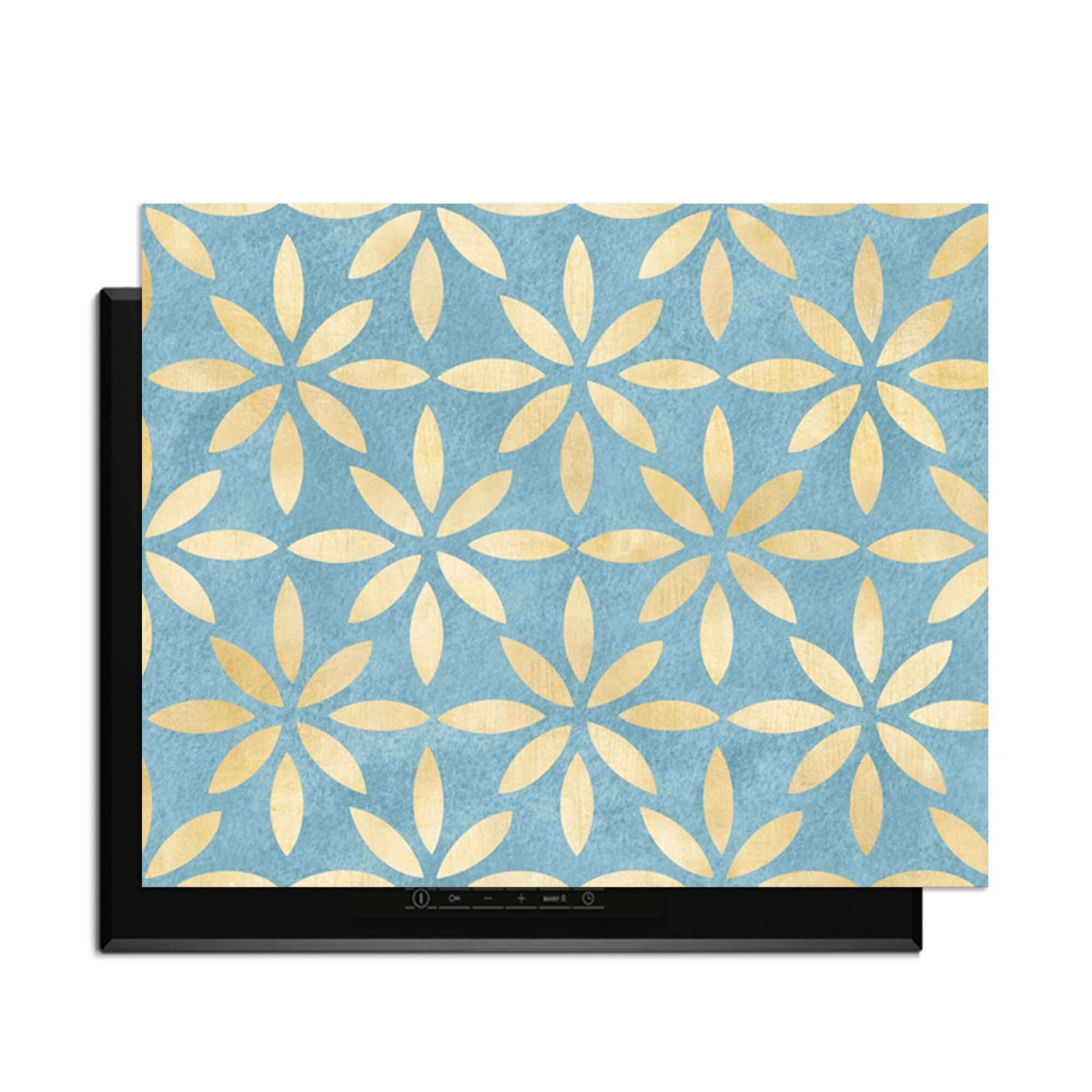 Azure Floral Cross - Herdabdeckplatte mit elegantem floralem Design in Blau-Goldtönen, stilvolle Küchendekoration.