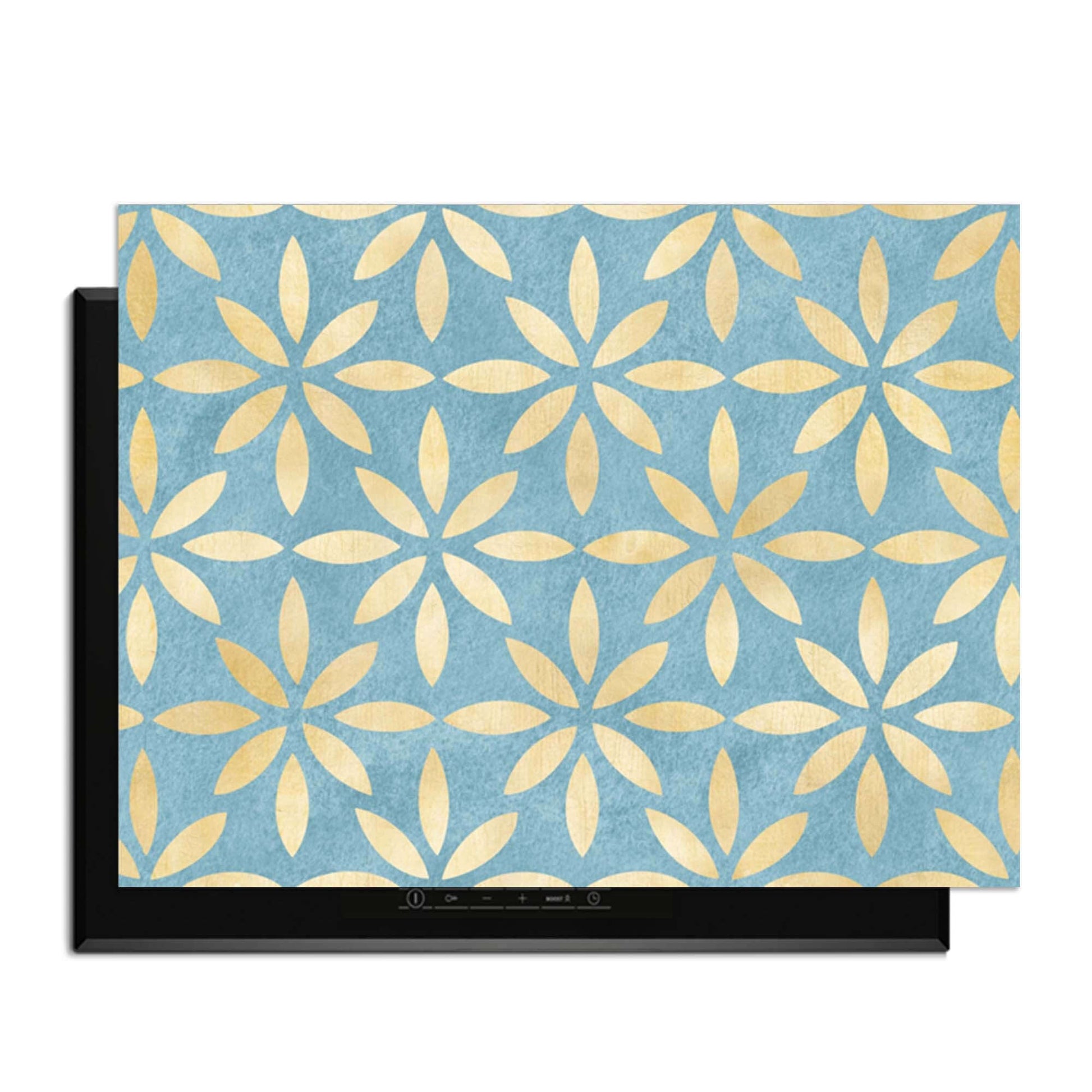 Azure Floral Cross - Herdabdeckplatte mit blau-goldenem Blumendesign, elegantes und funktionelles Küchen-Upgrade.