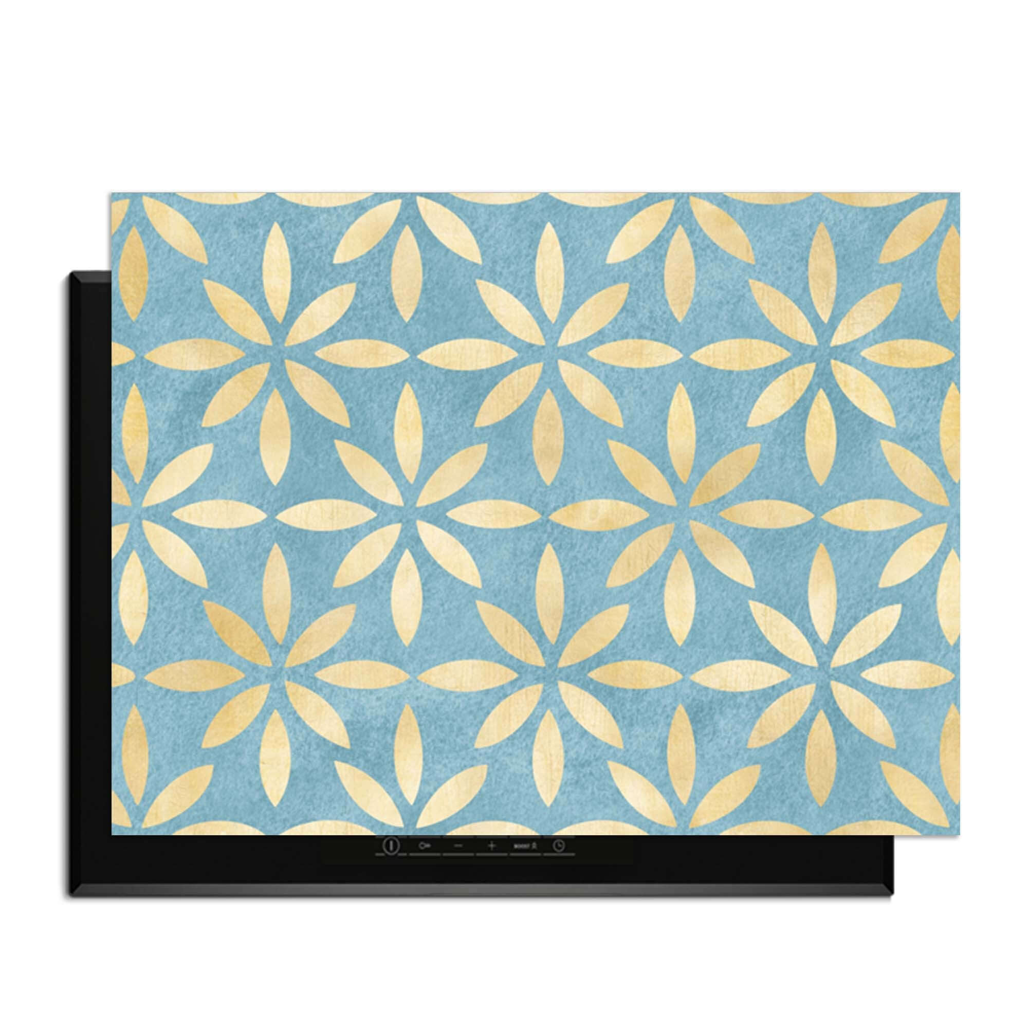 Azure Floral Cross - Herdabdeckplatte mit blau-goldenem Blumendesign, elegantes und funktionelles Küchen-Upgrade.