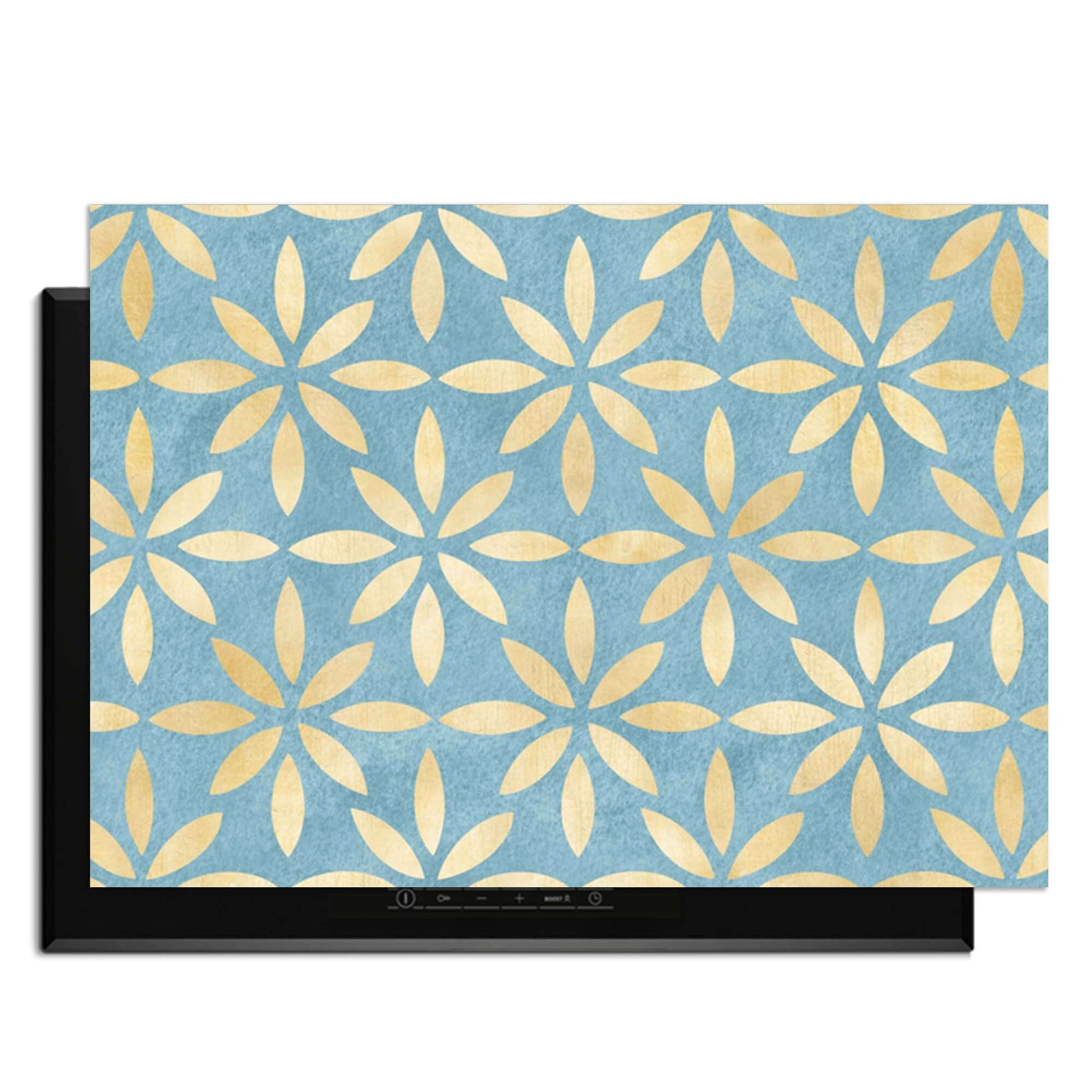 Azure Floral Cross - Herdabdeckplatte mit blau-goldenem Blumenmuster für ein stilvolles Küchen-Upgrade.