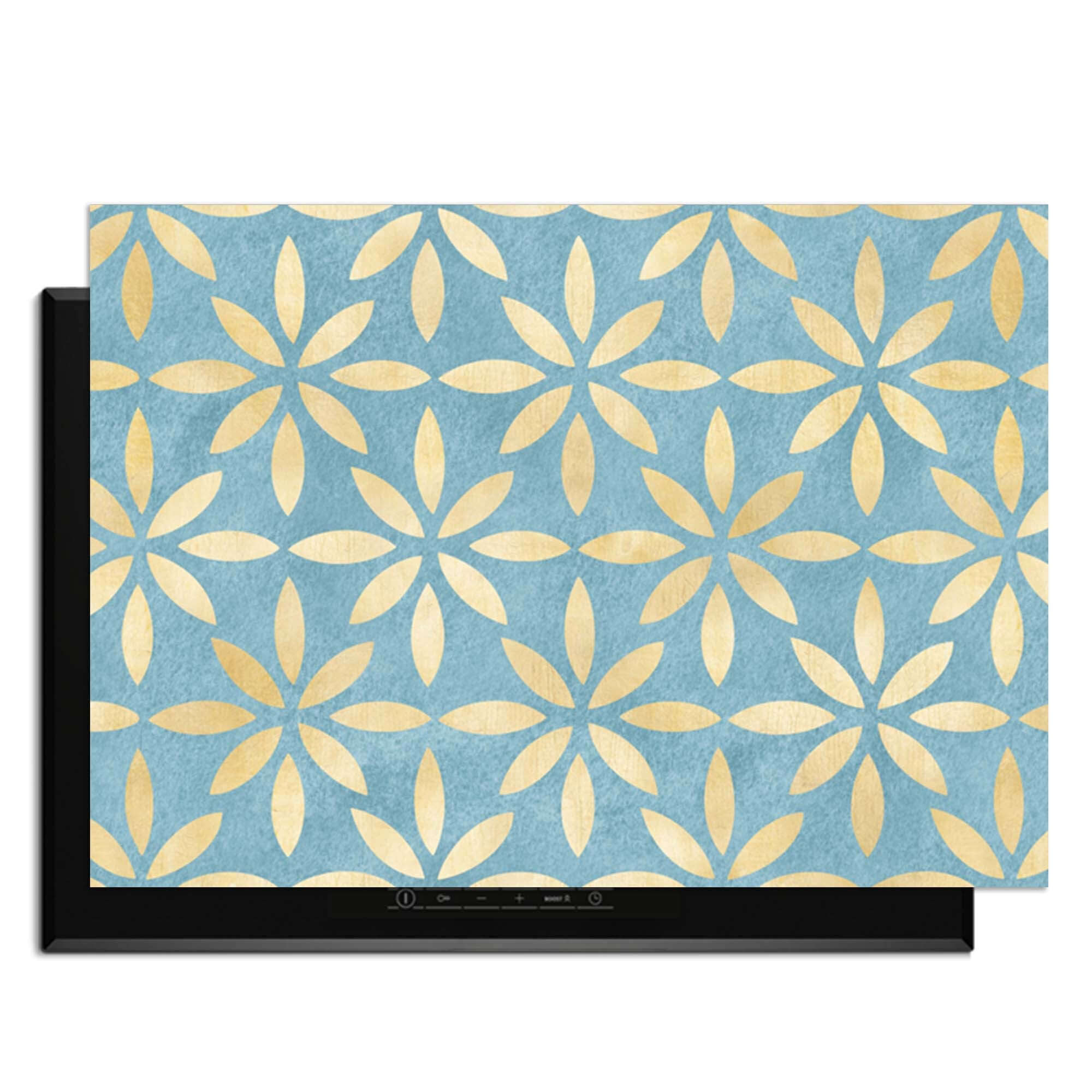 Azure Floral Cross - Herdabdeckplatte mit blau-goldenem Blumenmuster für ein stilvolles Küchen-Upgrade.