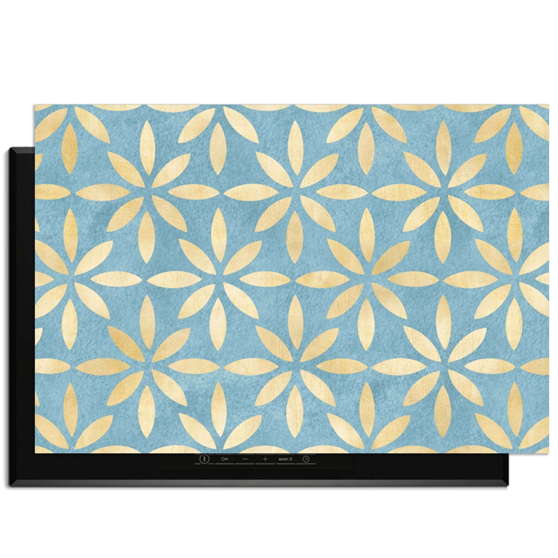 Azure Floral Cross - Herdabdeckplatte mit blau-goldenem Blumendesign, stilvolles Küchen-Upgrade.