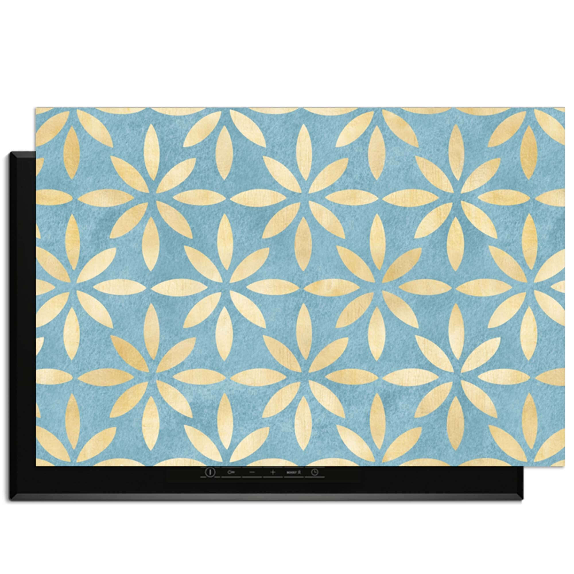 Azure Floral Cross - Herdabdeckplatte mit blau-goldenem Blumendesign, stilvolles Küchen-Upgrade.