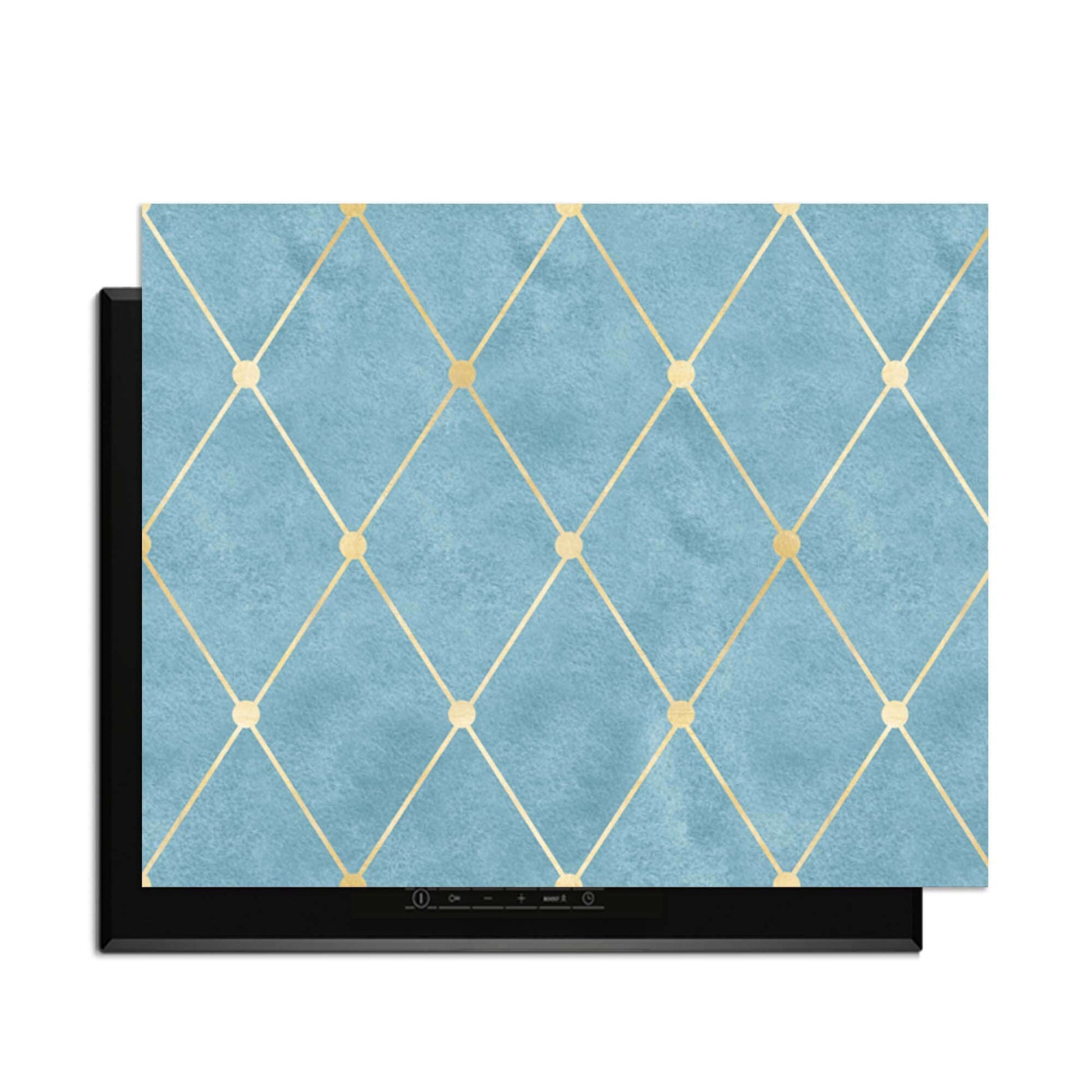 Azure Line Grid - Herdabdeckplatte mit goldenem Rautenmuster auf azurblau, modernes elegantes Küchenzubehör.