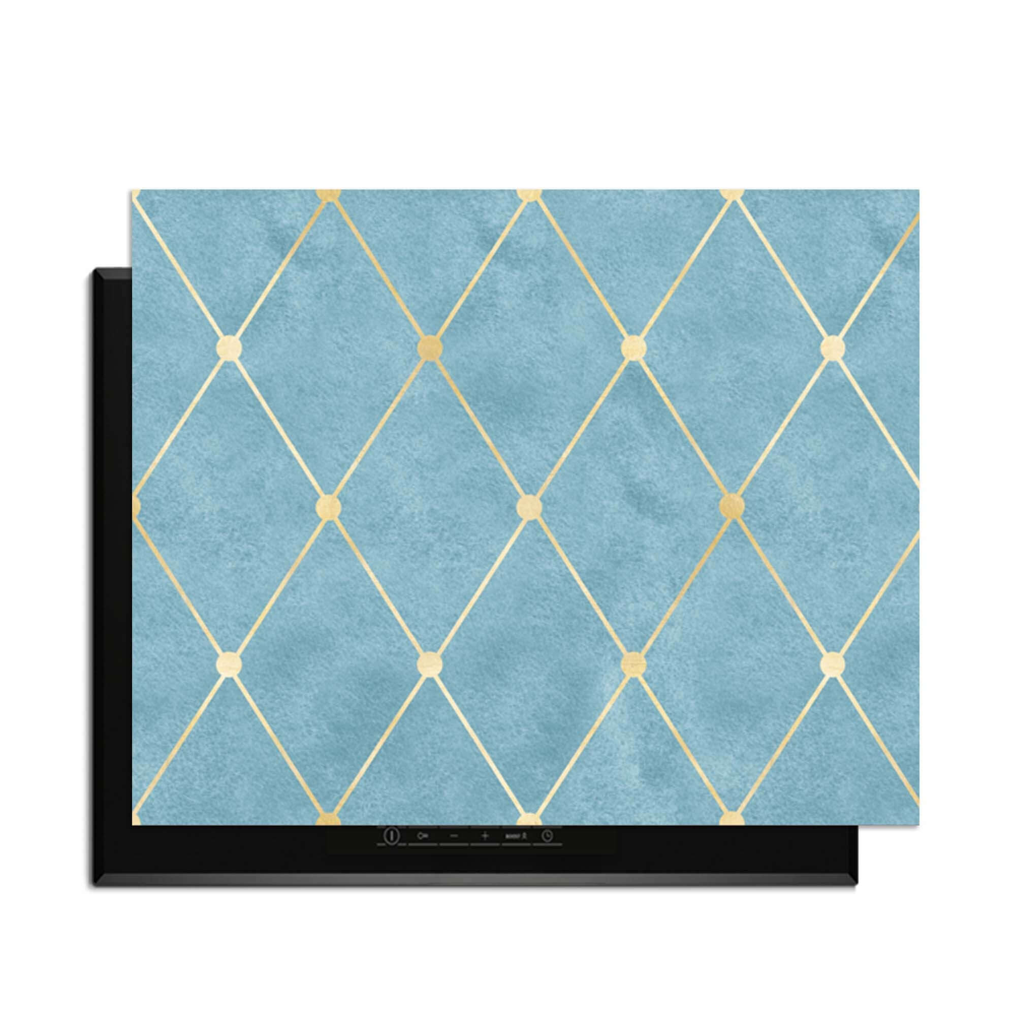 Azure Line Grid - Herdabdeckplatte mit goldenem Rautenmuster auf azurblau, modernes elegantes Küchenzubehör.