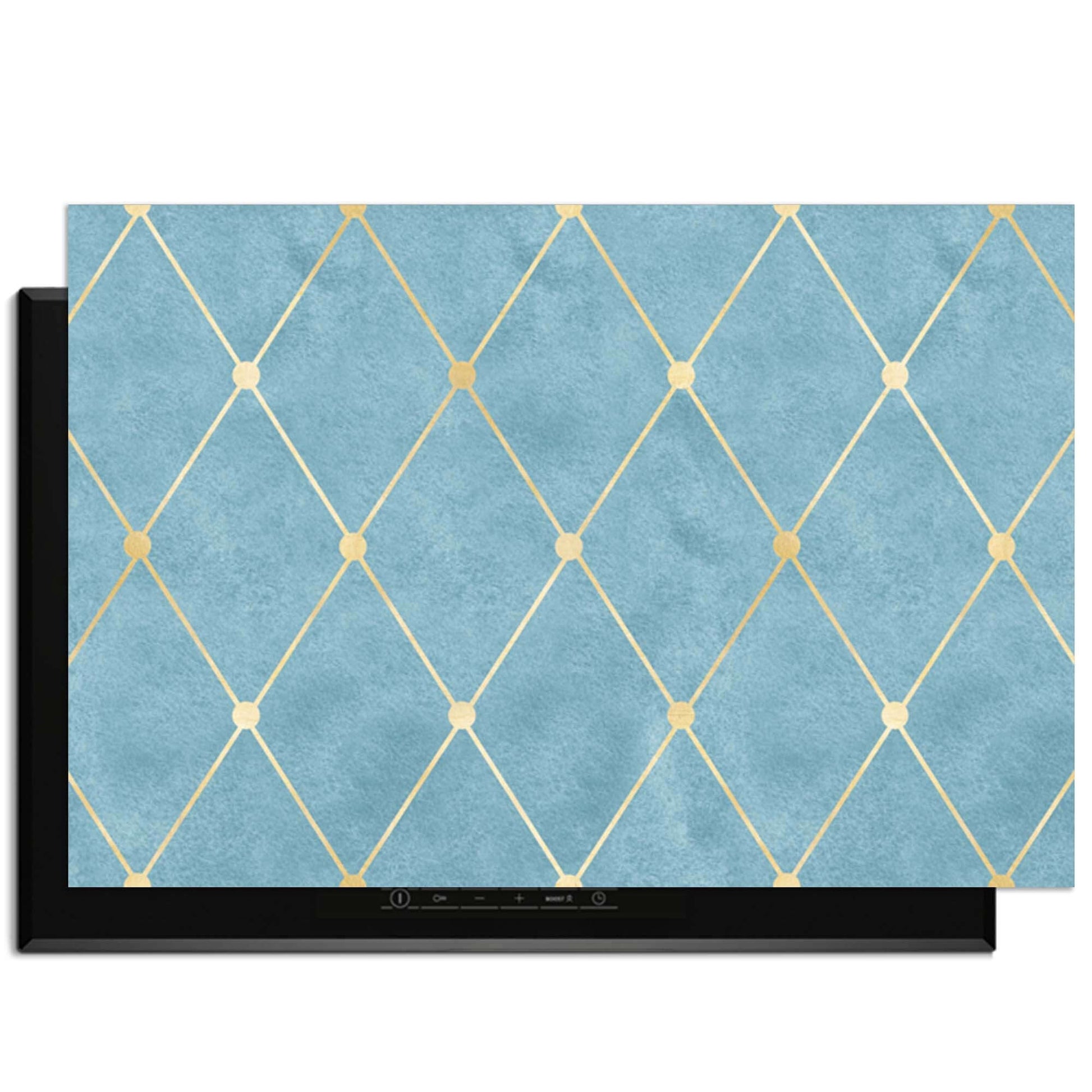 Azure Line Grid - Herdabdeckplatte mit goldenem Karomuster auf zartem Azurblau für moderne Küchendekoration.