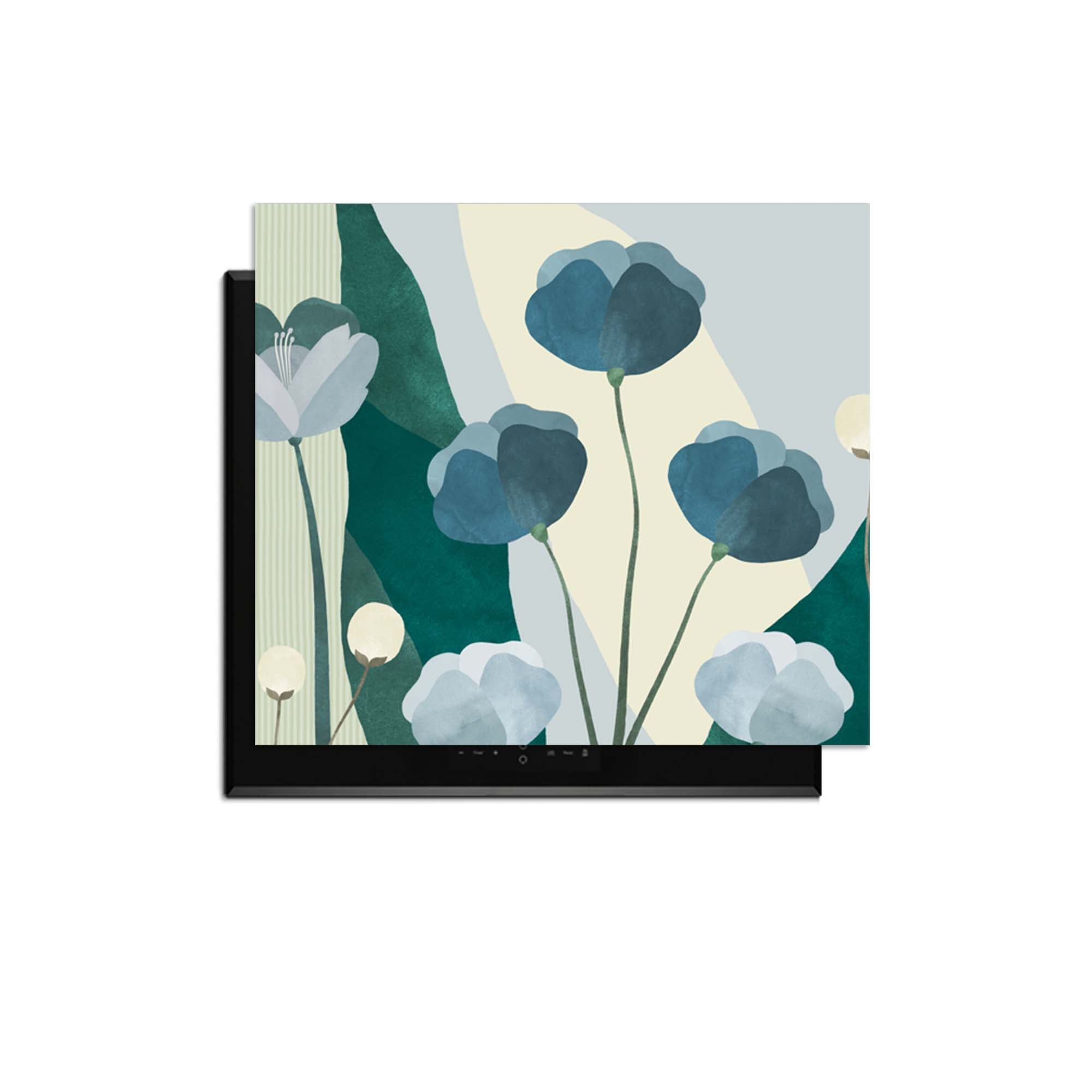 Blue Whispers - Herdabdeckplatte mit blauem Blumendesign, schützt Induktionskochfelder mit modernem Stil und sanften Tönen.