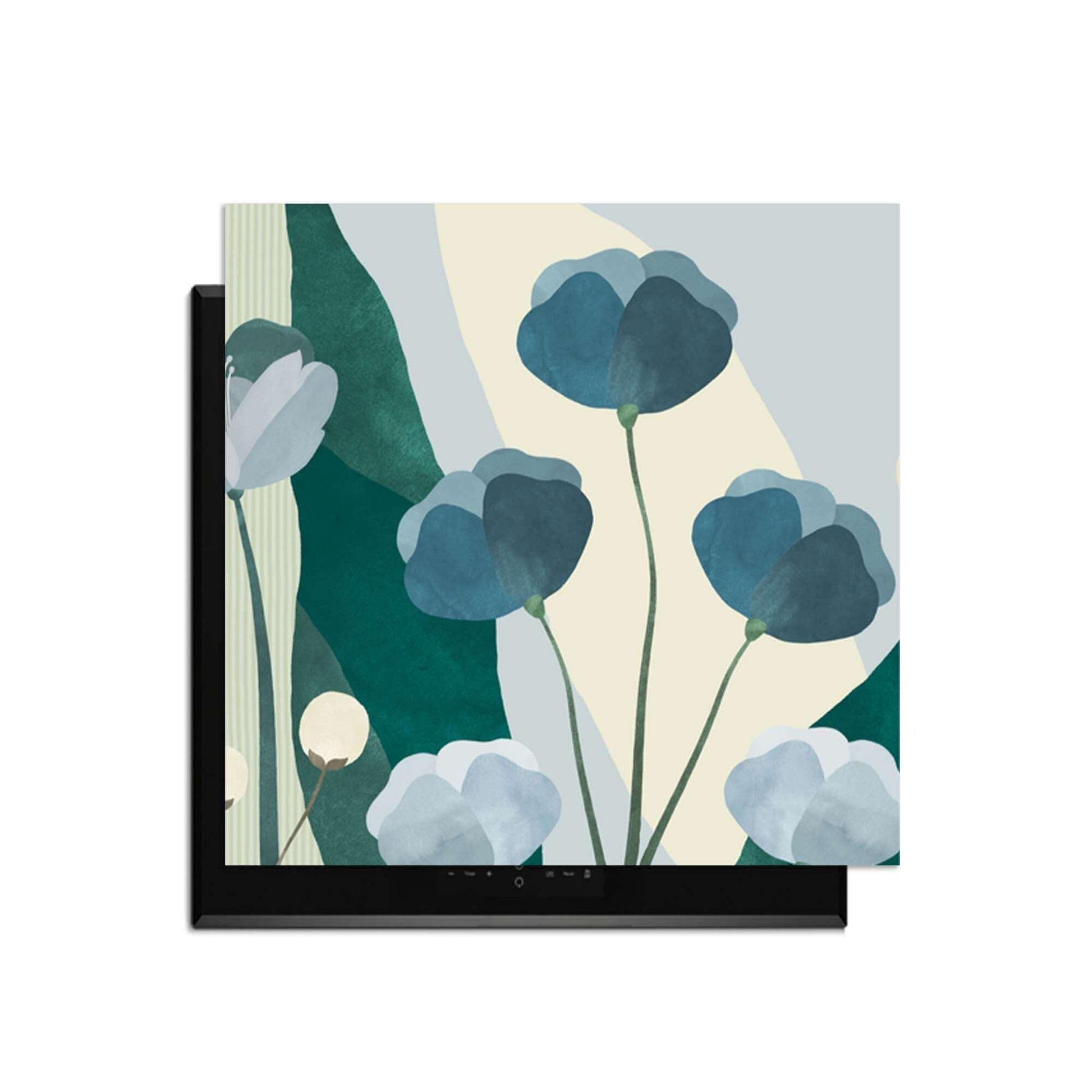 Blue Whispers - Herdabdeckplatte mit ruhigen Blautönen und organischen Formen für modernen Küchenstil und Schutz.