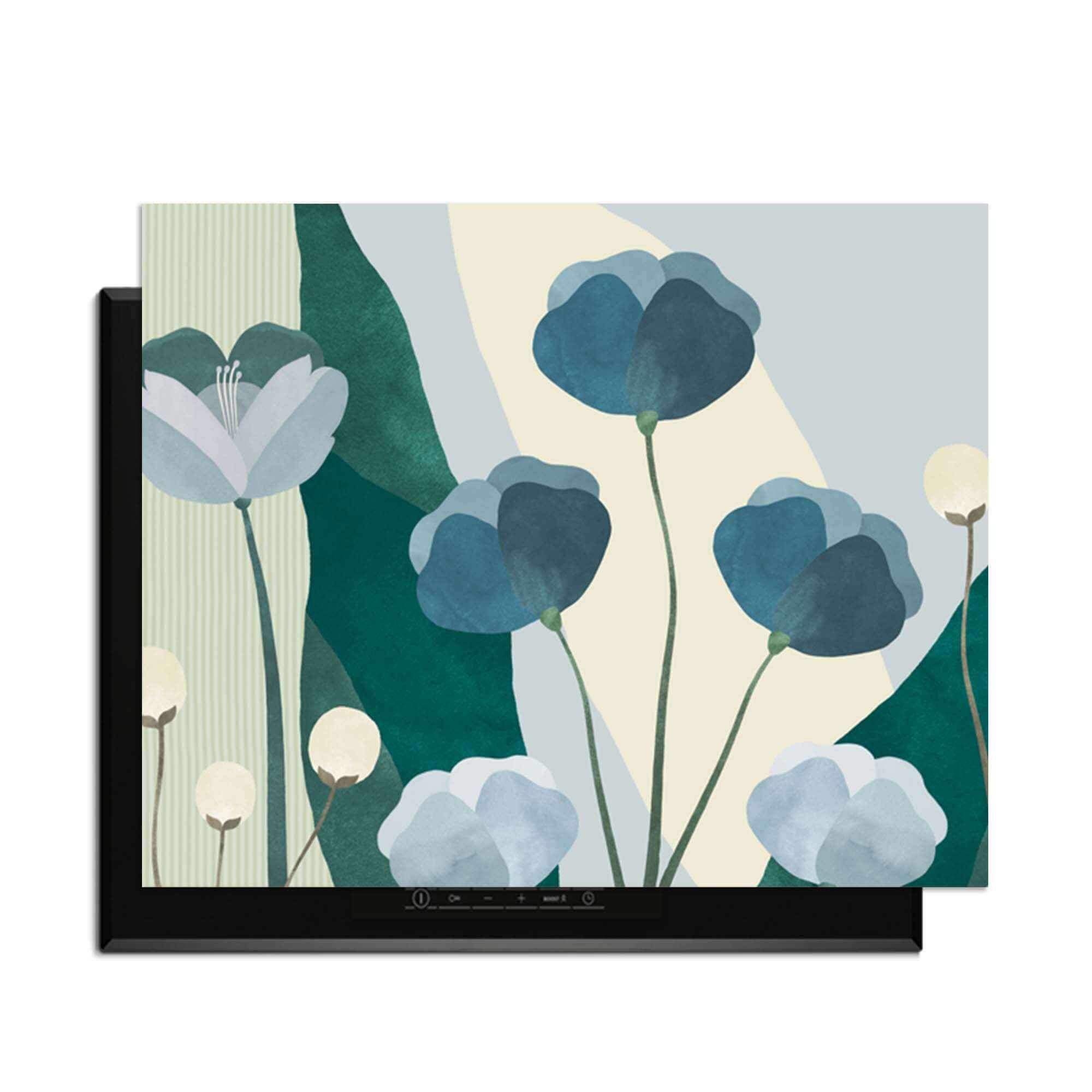 Blue Whispers - Herdabdeckplatte mit sanften Blautönen und organischen Formen, modernes Design für die Küche.