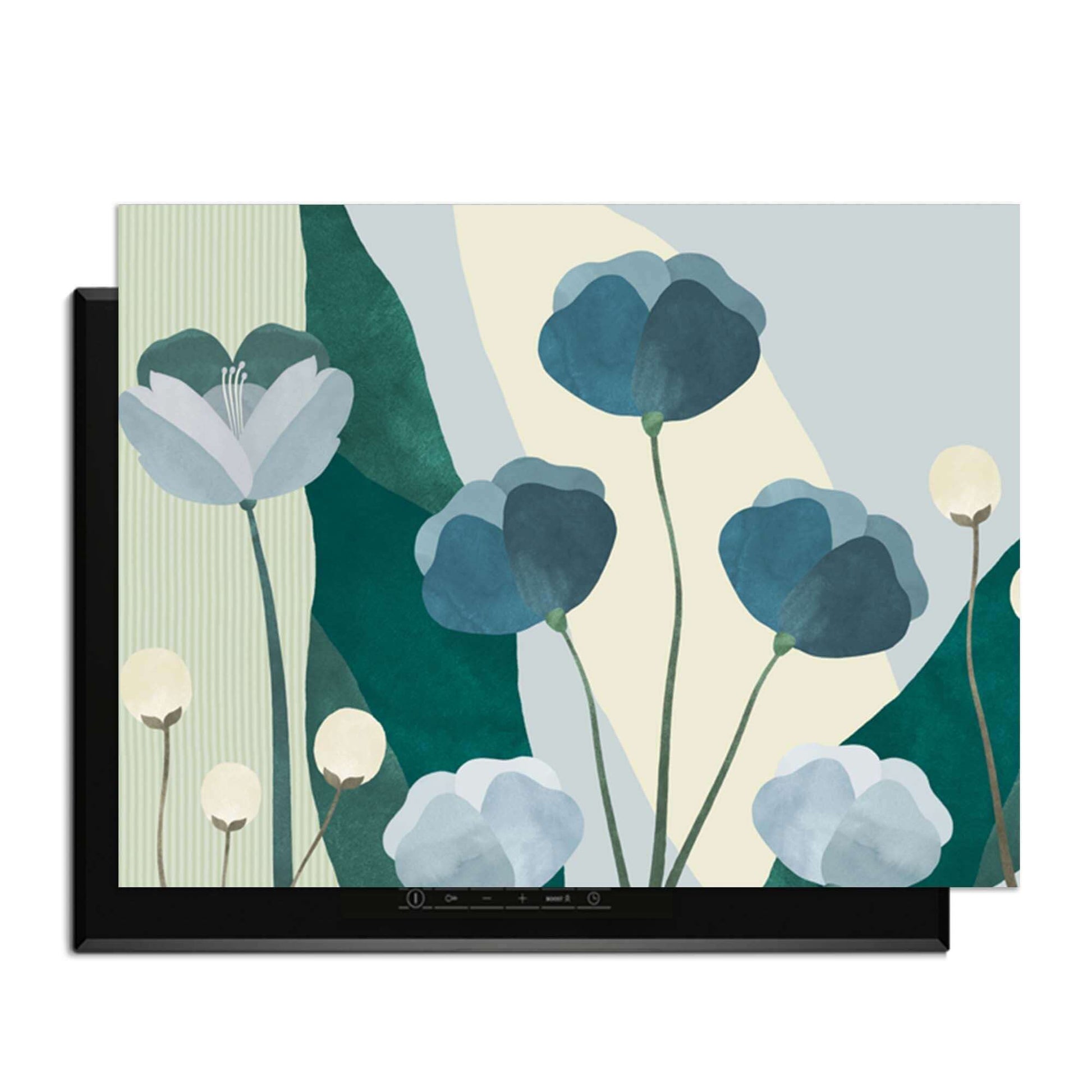 Blue Whispers - Herdabdeckplatte mit blau-grünen Bio-Blumen, stilvoller Schutz für jedes Induktionskochfeld.