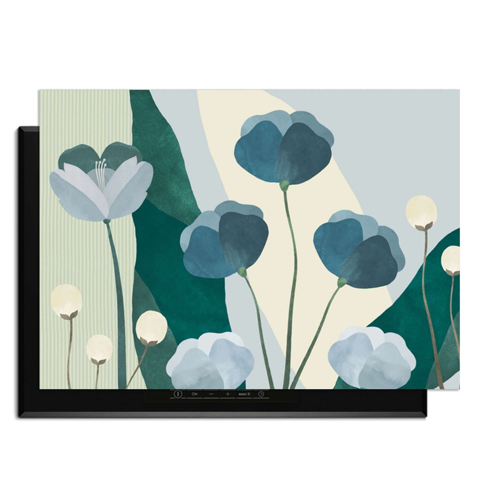 Blue Whispers - Herdabdeckplatte mit organischen blauen Blumen und Formen, schützt Induktionskochfelder mit moderner Ästhetik.
