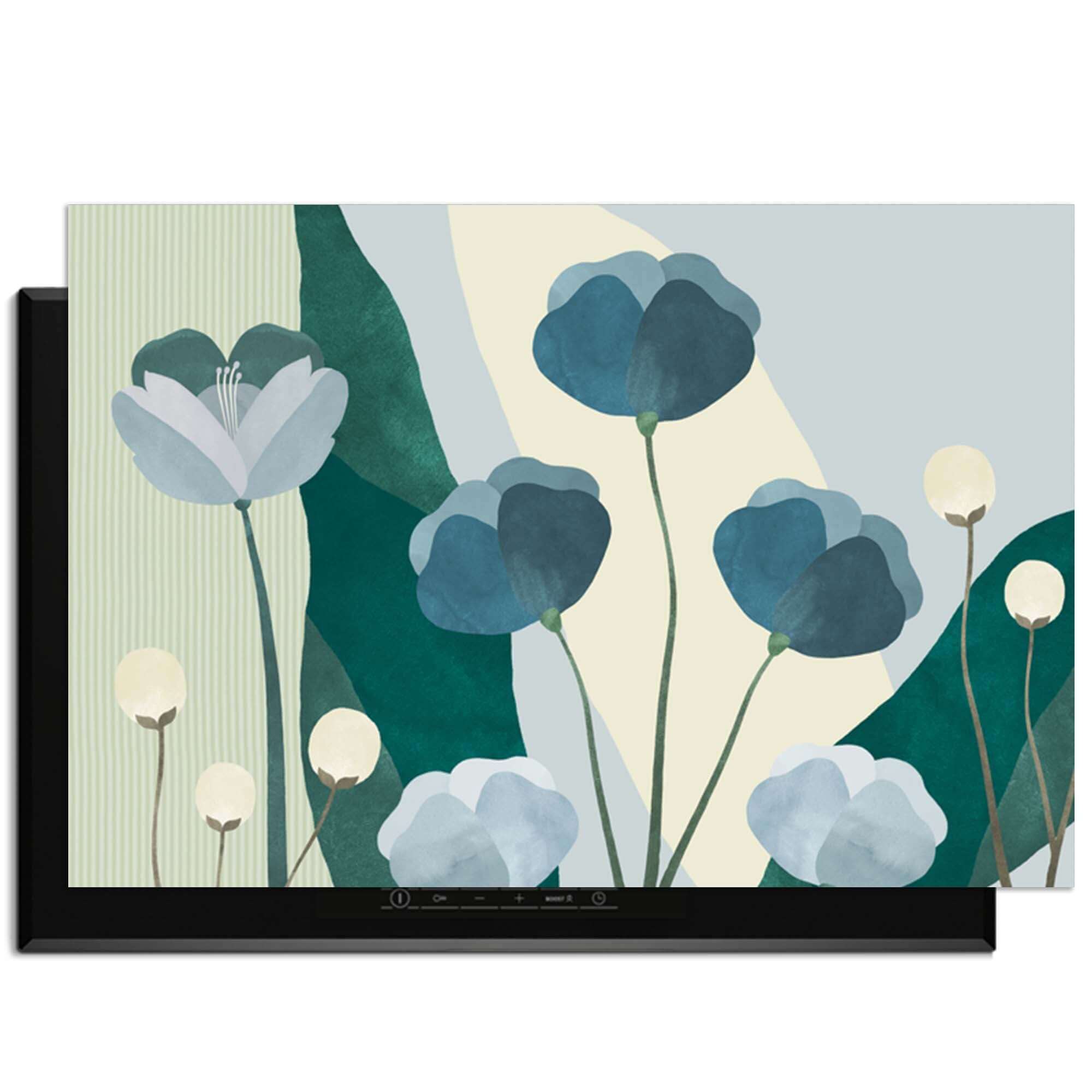Blue Whispers - Herdabdeckplatte mit floralen Motiven in sanften Blautönen.