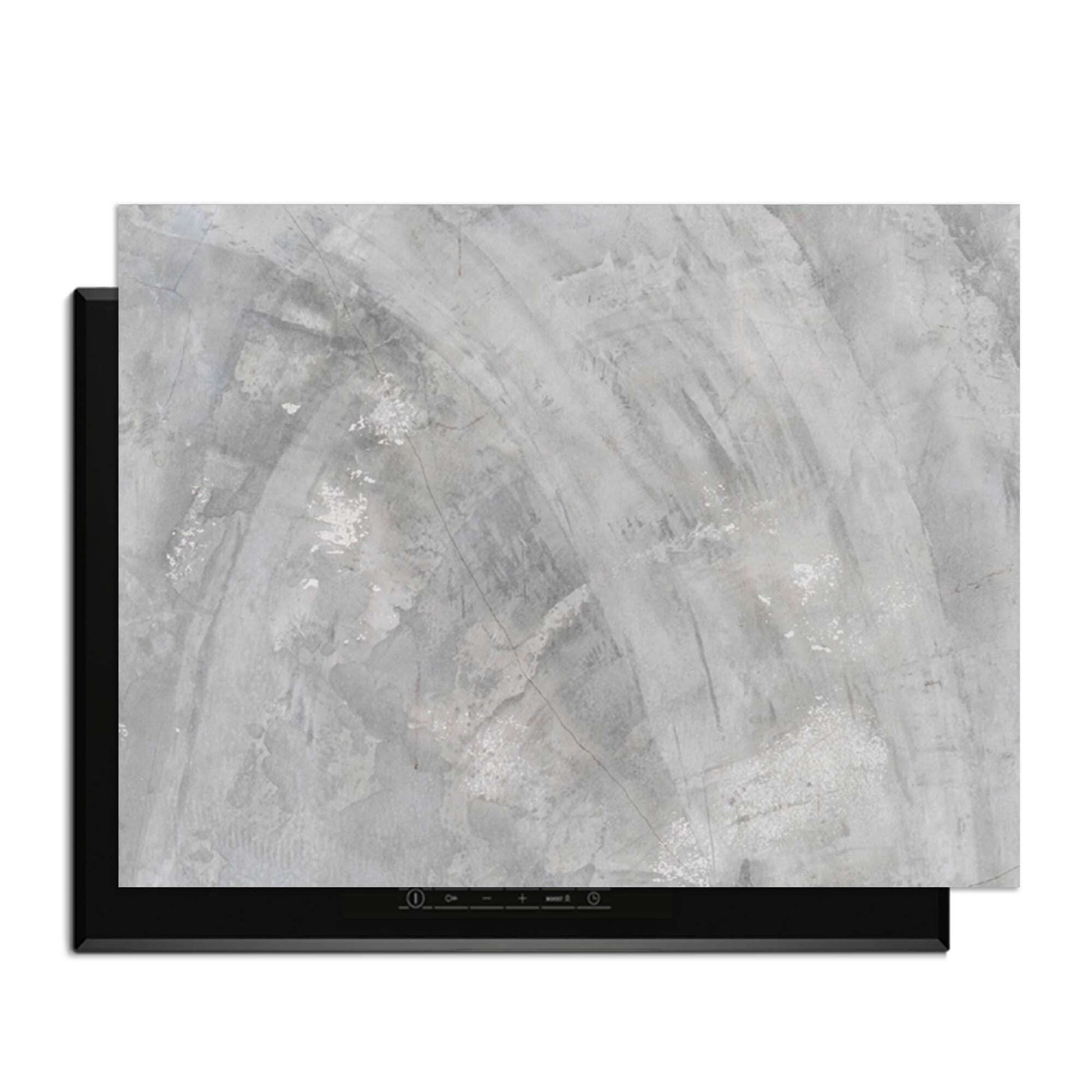 Concrete Flow - Herdabdeckplatte für eine moderne Küche mit sanften Grautönen und fließenden Mustern.