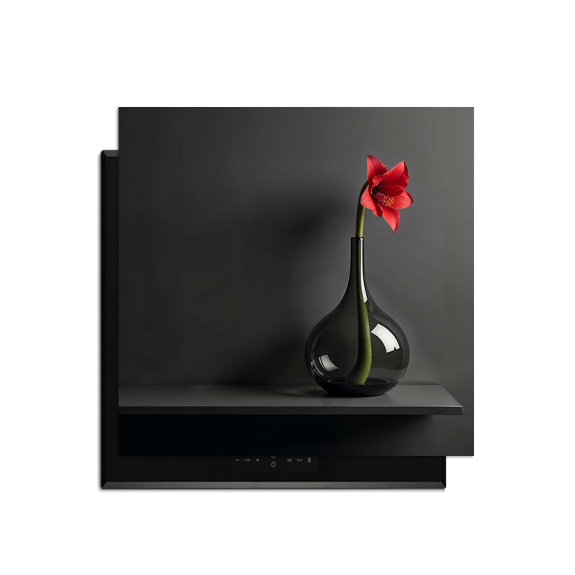 Crimson Silence - Herdabdeckplatte mit stilvoller Vase und Blume auf einer modernen Arbeitsplatte.