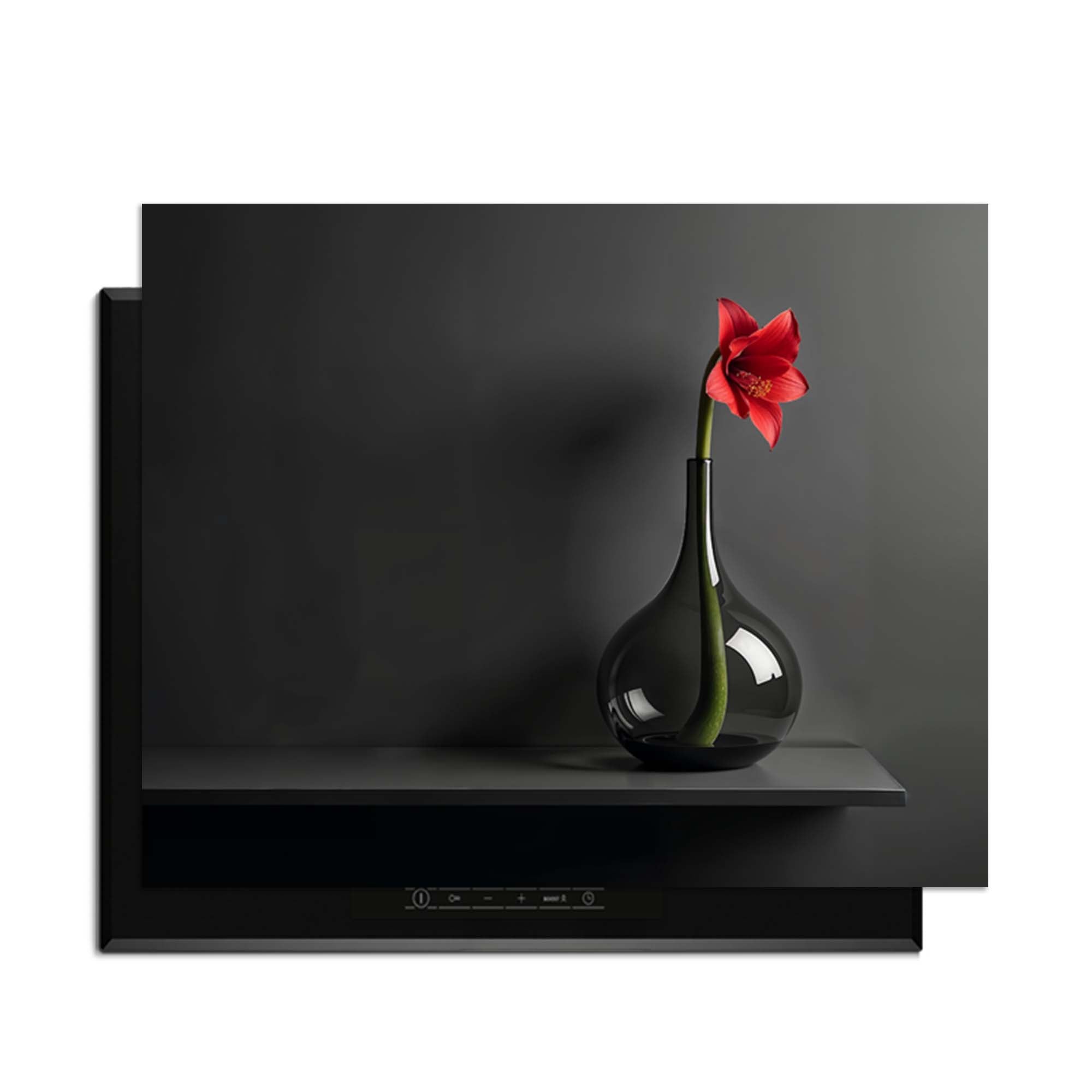 Crimson Silence - Herdabdeckplatte mit einer schwarzen Vase und einer roten Blume, perfekt für die moderne Küche.