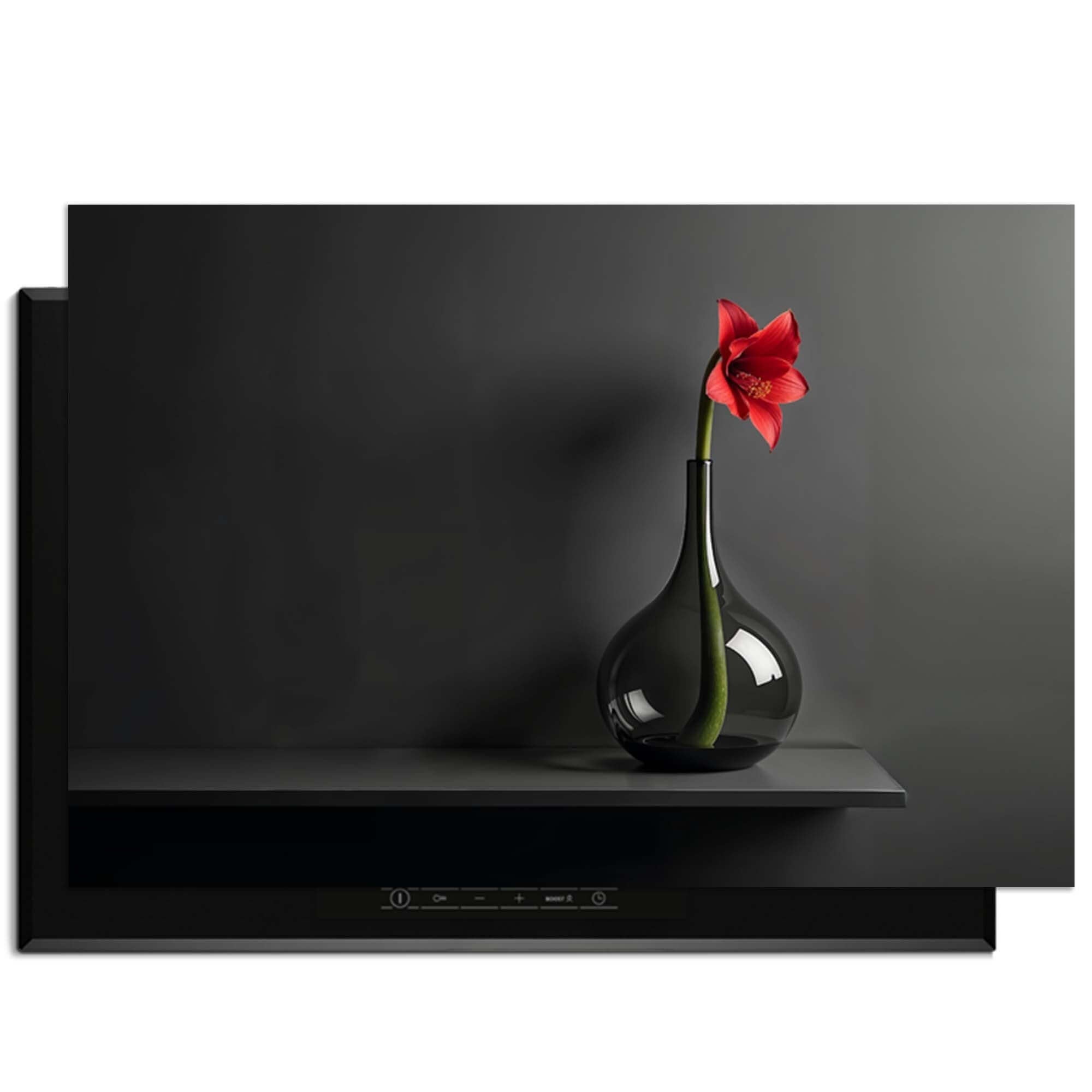 Crimson Silence - Herdabdeckplatte mit einem eleganten schwarzen Design und einer roten Blume in einer stilvollen Vase.
