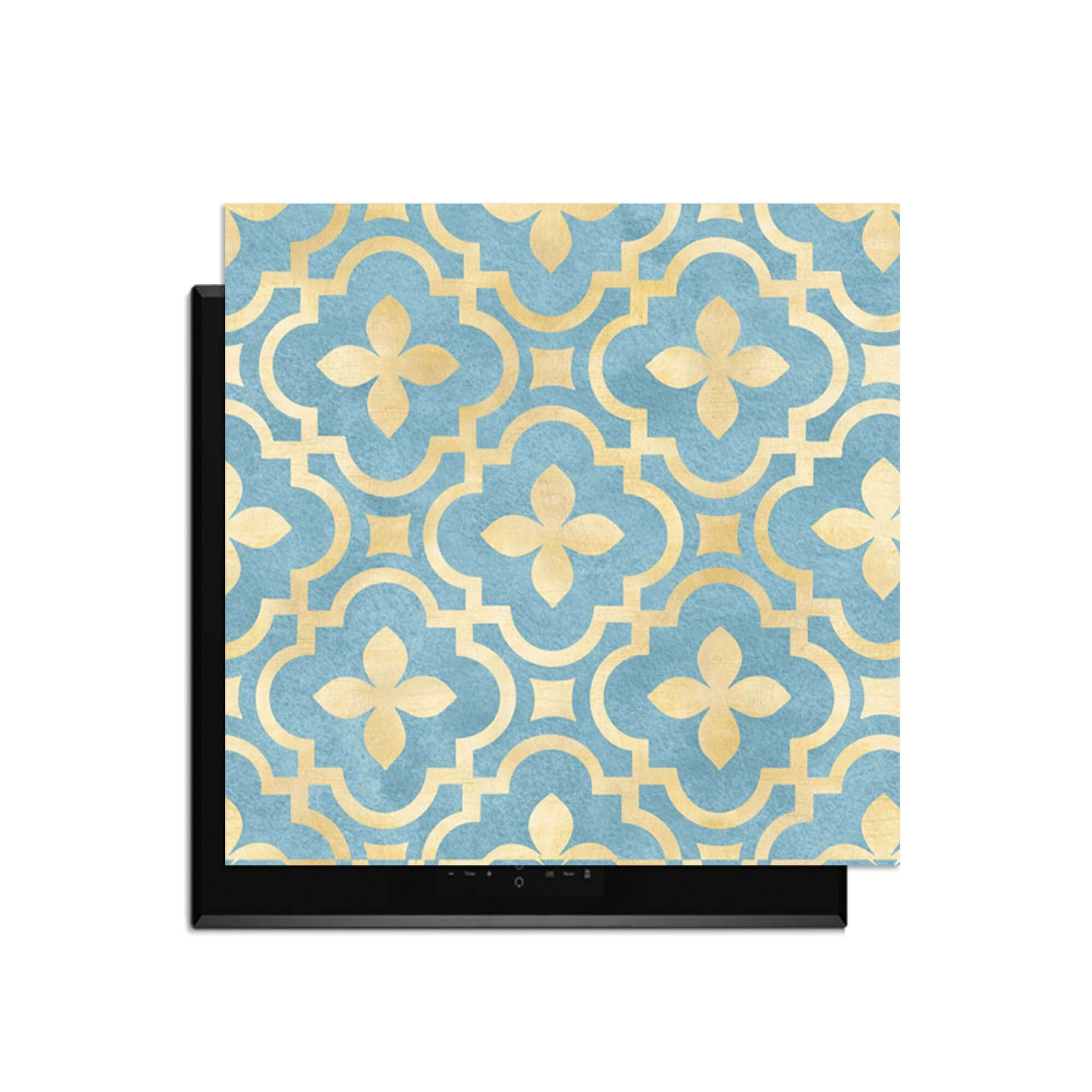 Deep Azure Blossom - Herdabdeckplatte mit klassischem Kachelmotiv in Blau und Gold für einen eleganten Küchenstil.