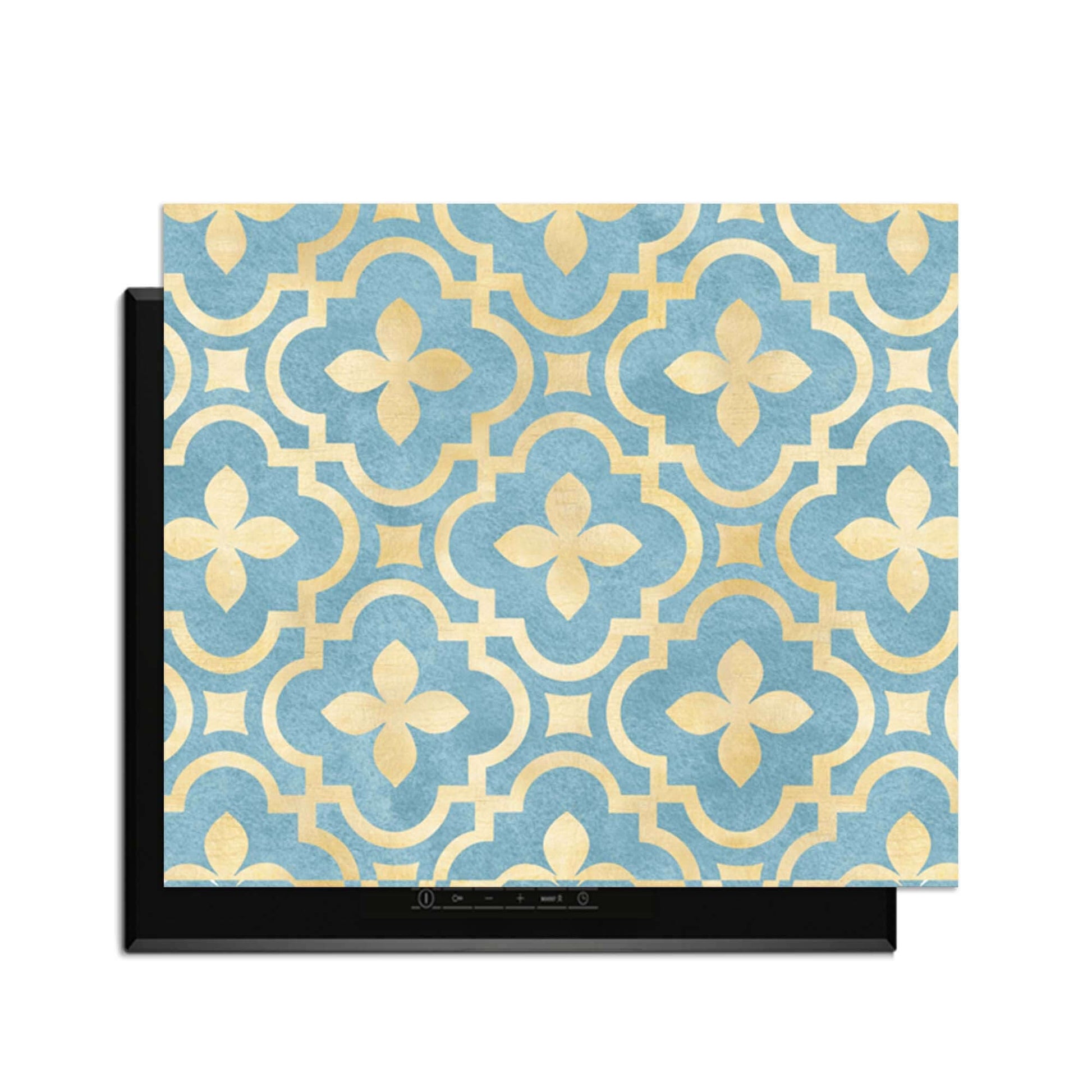 Deep Azure Blossom - Herdabdeckplatte mit klassischem Kachelmotiv und goldenen Akzenten, elegant für jede Küche.