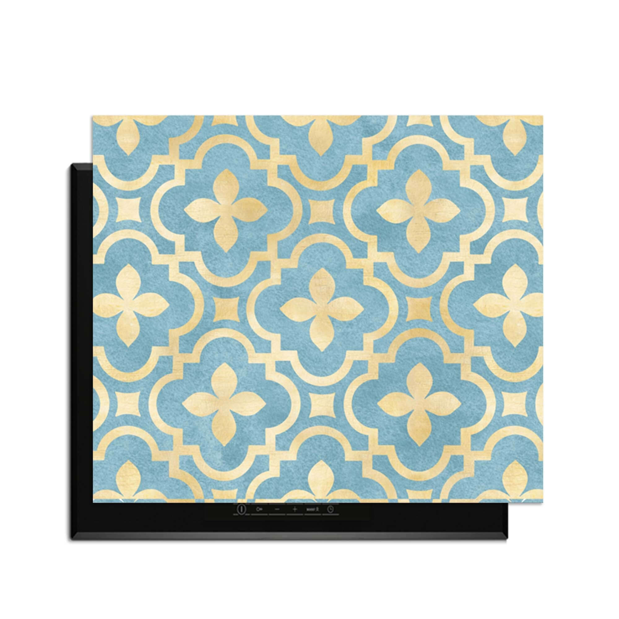 Deep Azure Blossom - Herdabdeckplatte mit klassischem Kachelmotiv und goldenen Akzenten, elegant für jede Küche.