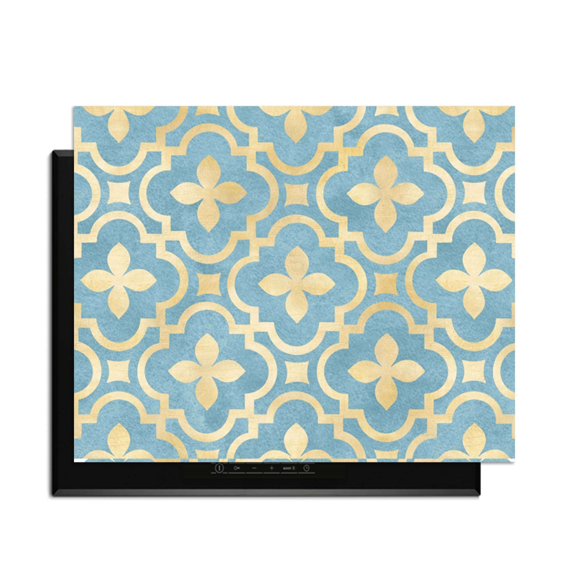 Deep Azure Blossom - Herdabdeckplatte mit luxuriösem blau-goldenem Kachelmotiv für ein stilvolles Küchendesign.