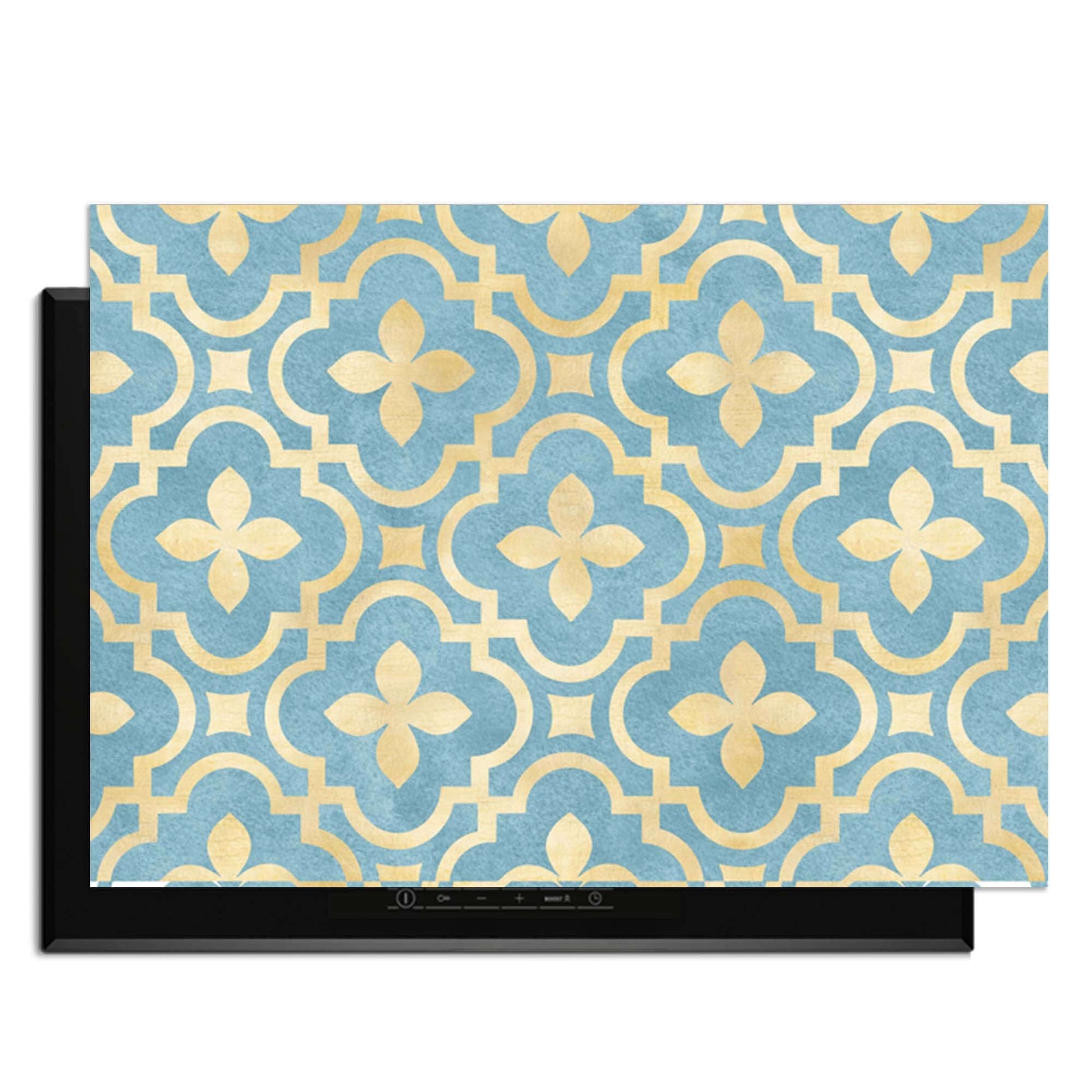 Deep Azure Blossom - Herdabdeckplatte mit blauem und goldenem Kachelmotiv, elegantes Küchenzubehör.