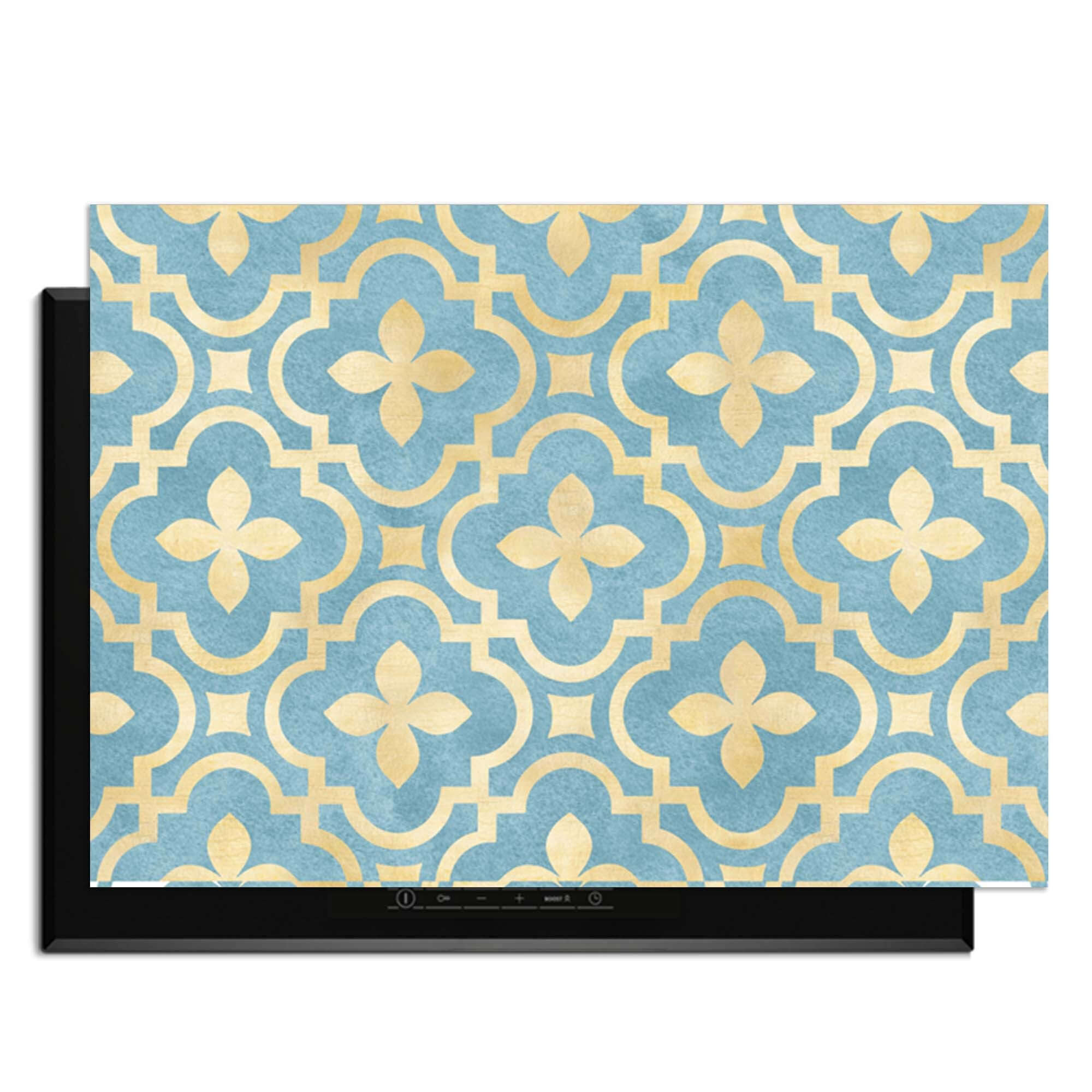 Deep Azure Blossom - Herdabdeckplatte mit blauem und goldenem Kachelmotiv, elegantes Küchenzubehör.