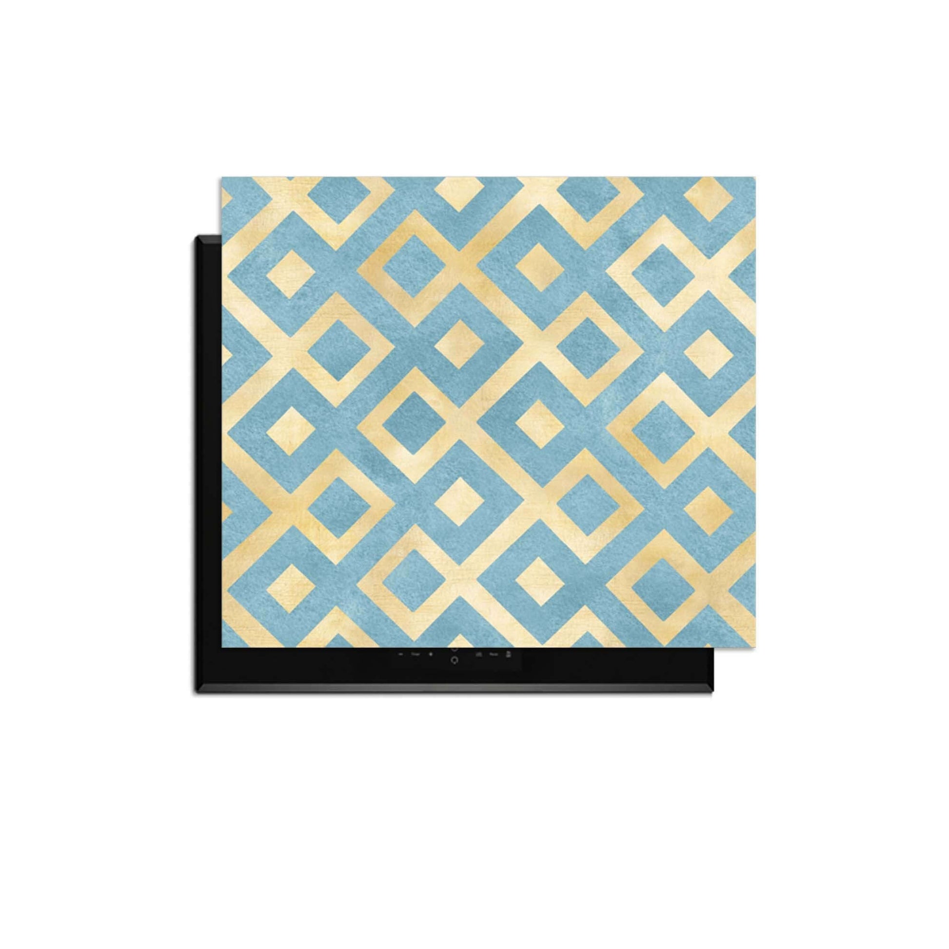 Deep Diamond Grid - Herdabdeckplatte mit geometrischem Muster in Gold und Azurblau für eine moderne Küche.
