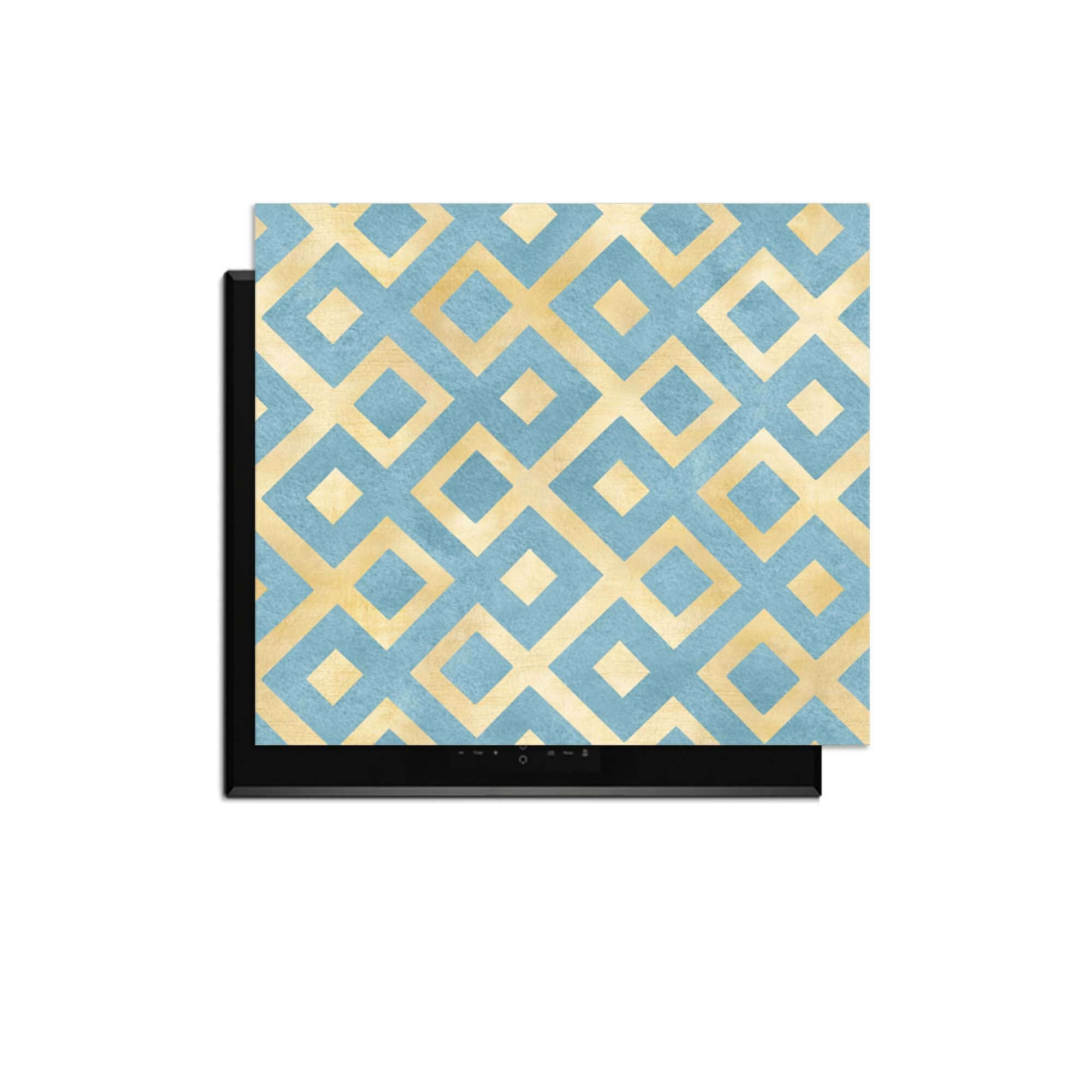 Deep Diamond Grid - Herdabdeckplatte mit geometrischem Muster in Gold und Azurblau für eine moderne Küche.