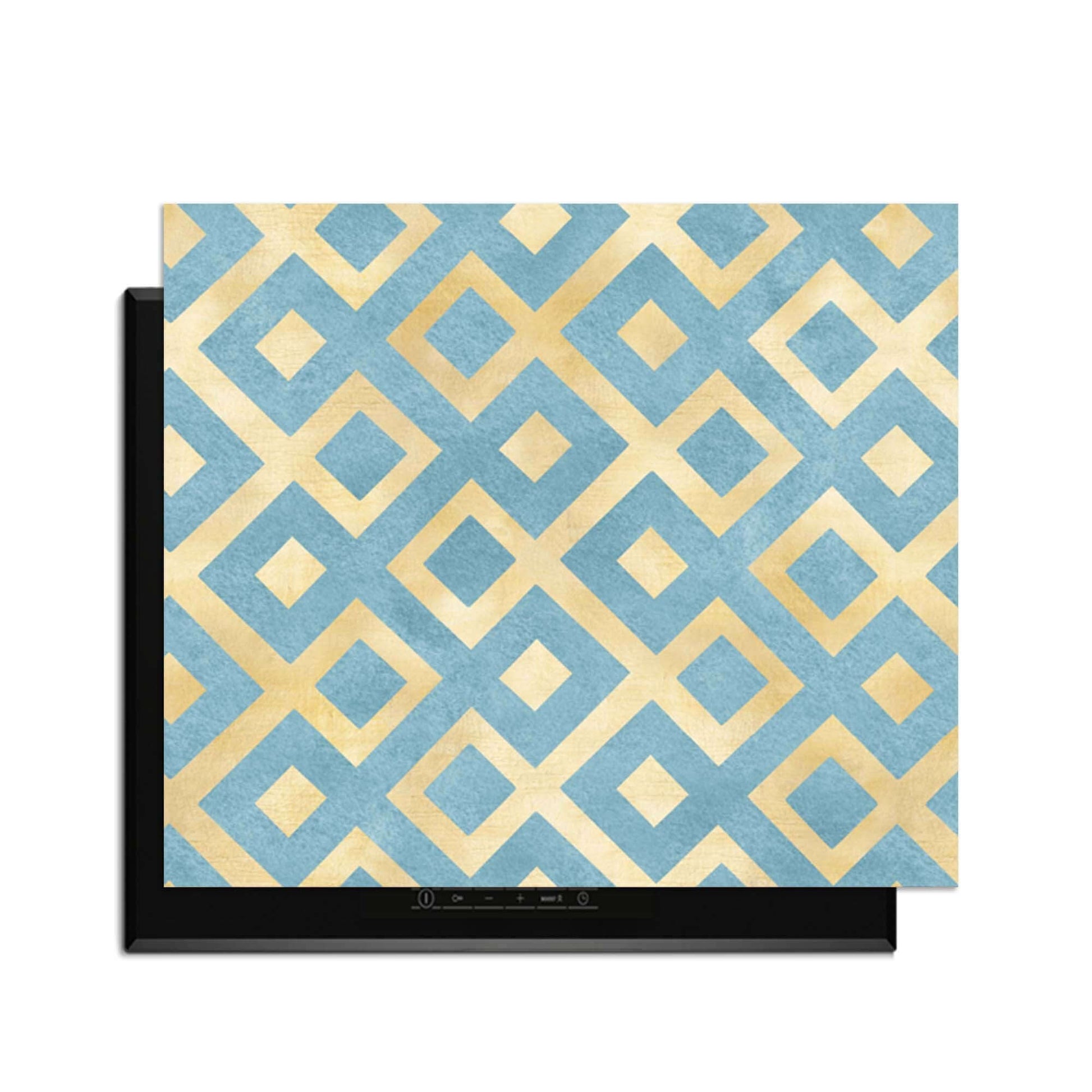 Deep Diamond Grid - Herdabdeckplatte mit geometrischem Muster in Gold und Blau, stilvoller Schutz für Induktionskochfelder.