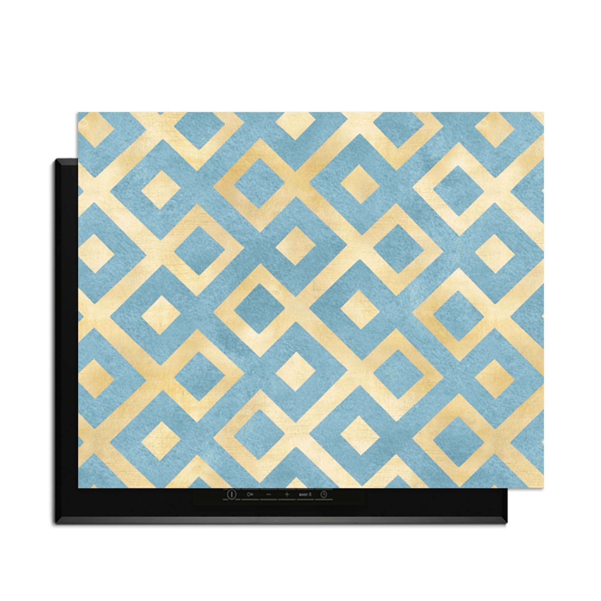 Deep Diamond Grid - Herdabdeckplatte mit geometrischem Muster in Gold und Azur. Eine stilvolle Ergänzung für die Küche.