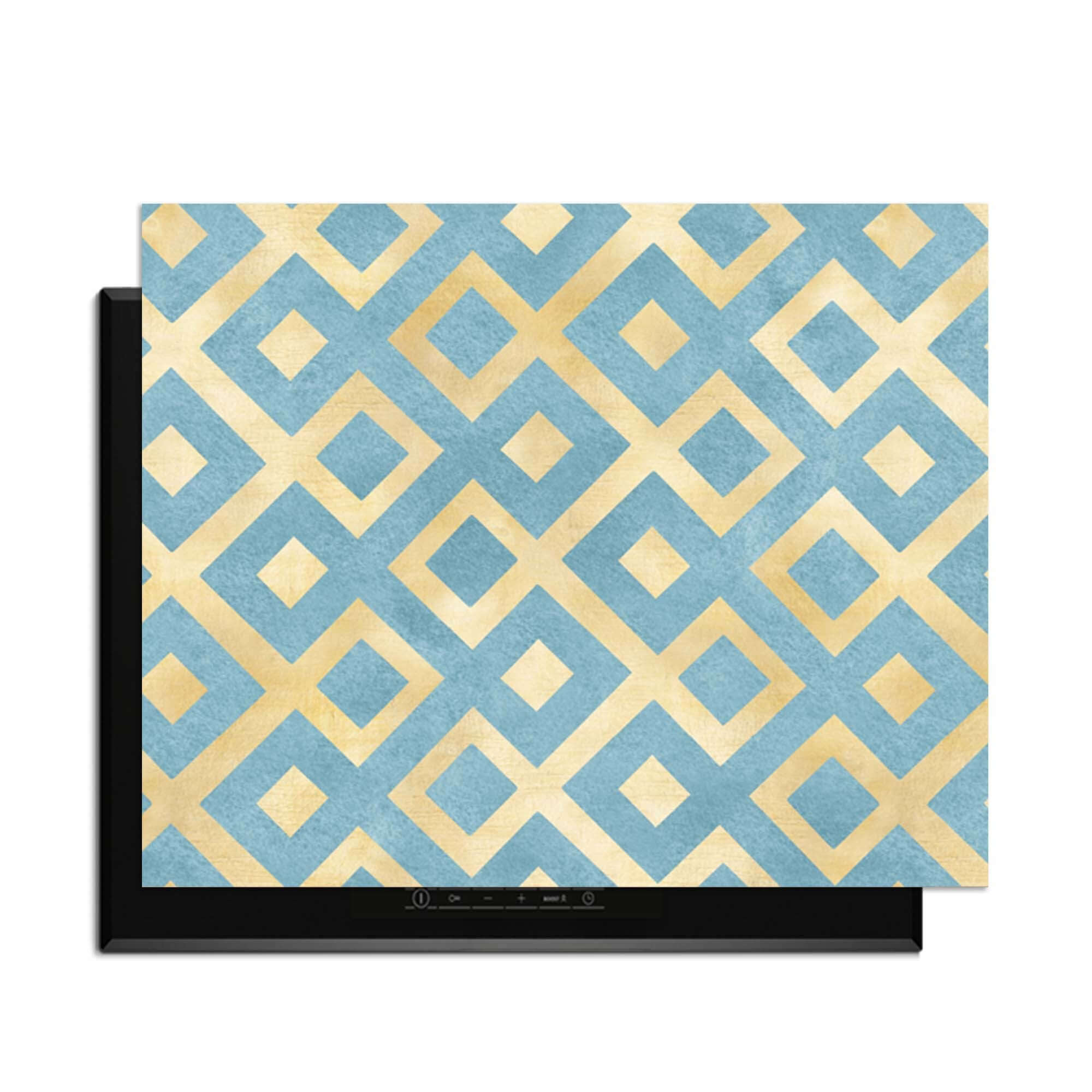 Deep Diamond Grid - Herdabdeckplatte mit geometrischem Muster in Gold und Azur. Eine stilvolle Ergänzung für die Küche.