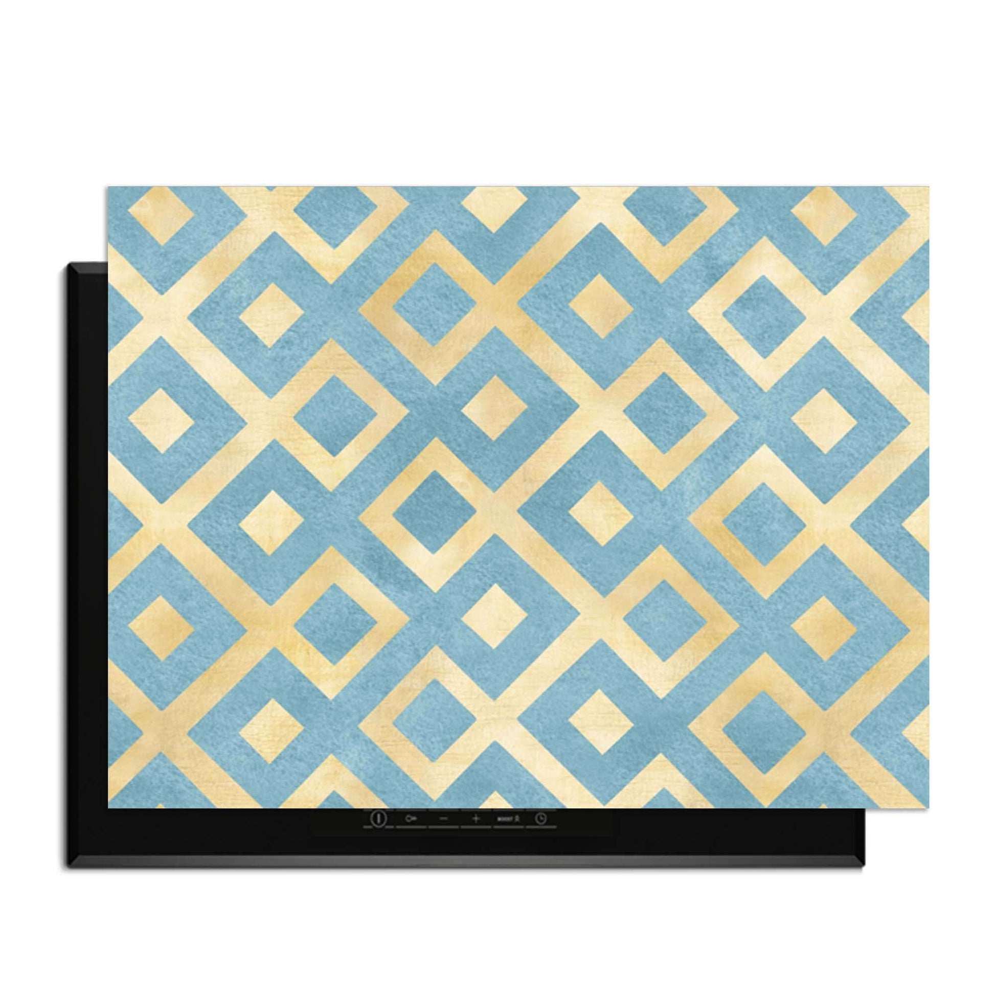 Deep Diamond Grid - Herdabdeckplatte mit geometrischem Muster in Gold und Azurblau, stilvolles Küchenzubehör.