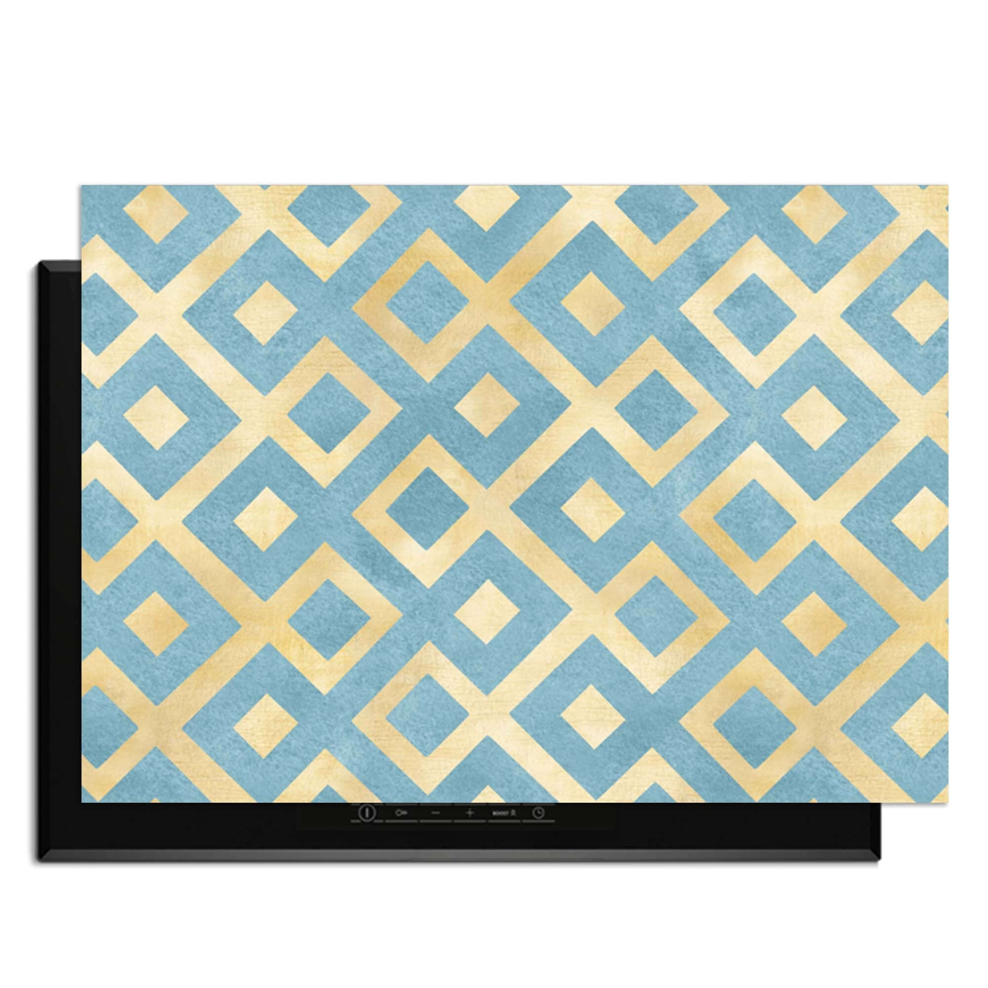 Deep Diamond Grid - Herdabdeckplatte mit geometrischem Muster in Gold und Azurblau, stilvolles Küchenzubehör.