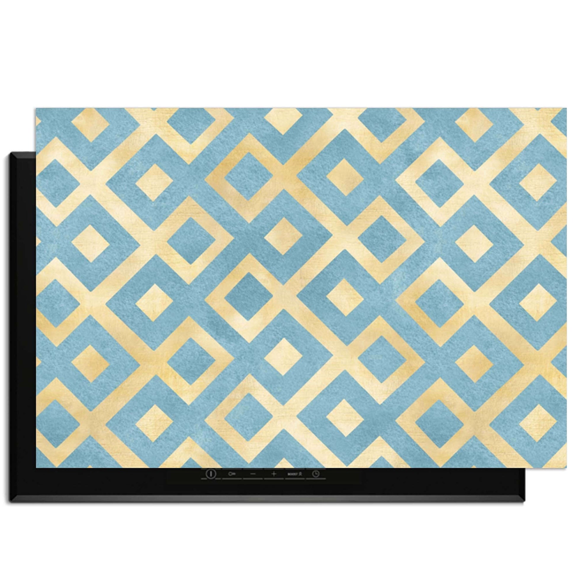 Deep Diamond Grid - Herdabdeckplatte mit geometrischem Muster in Gold und Azurblau, stilvolles Küchenzubehör.