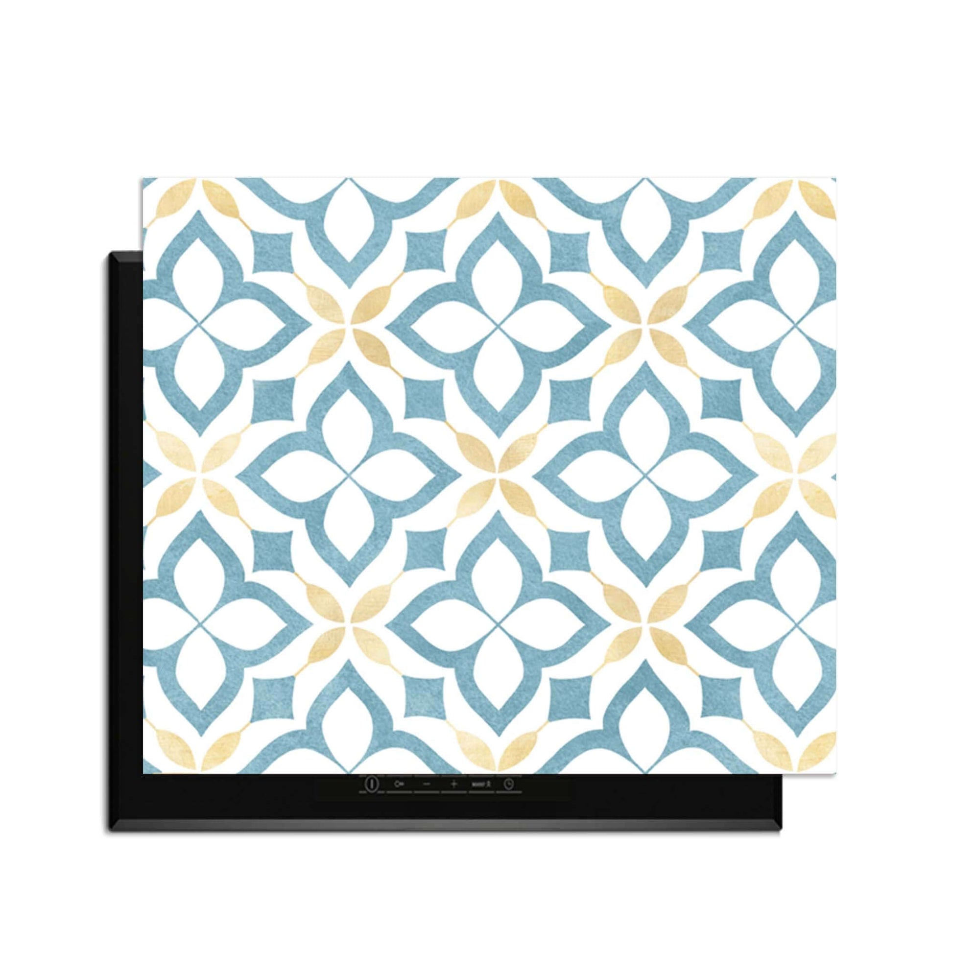 Deep Floral Cross - Herdabdeckplatte mit blau-goldenem Blumenmuster, mediterraner Stil für die Küche.