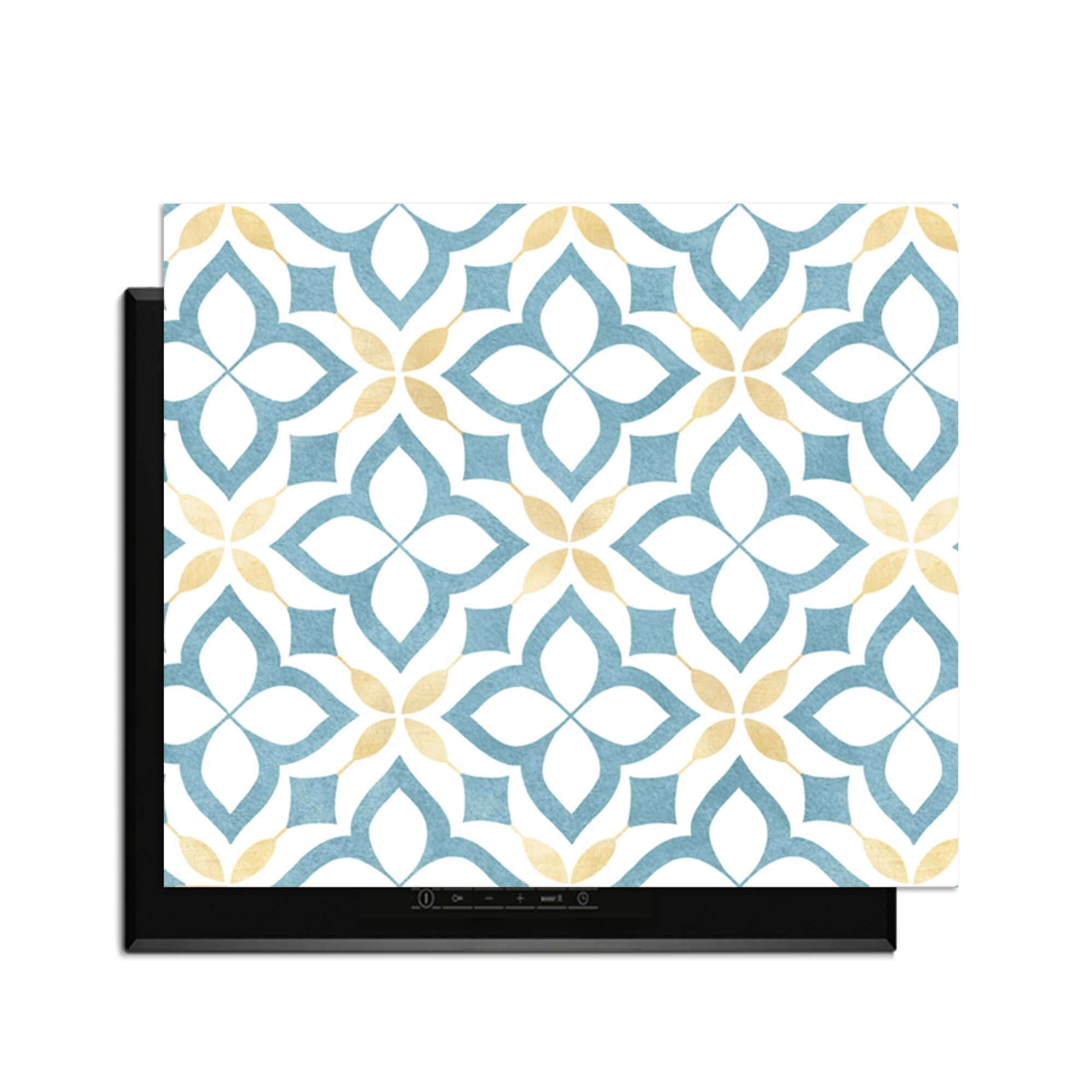 Deep Floral Cross - Herdabdeckplatte mit blau-goldenem Blumenmuster, mediterraner Stil für die Küche.