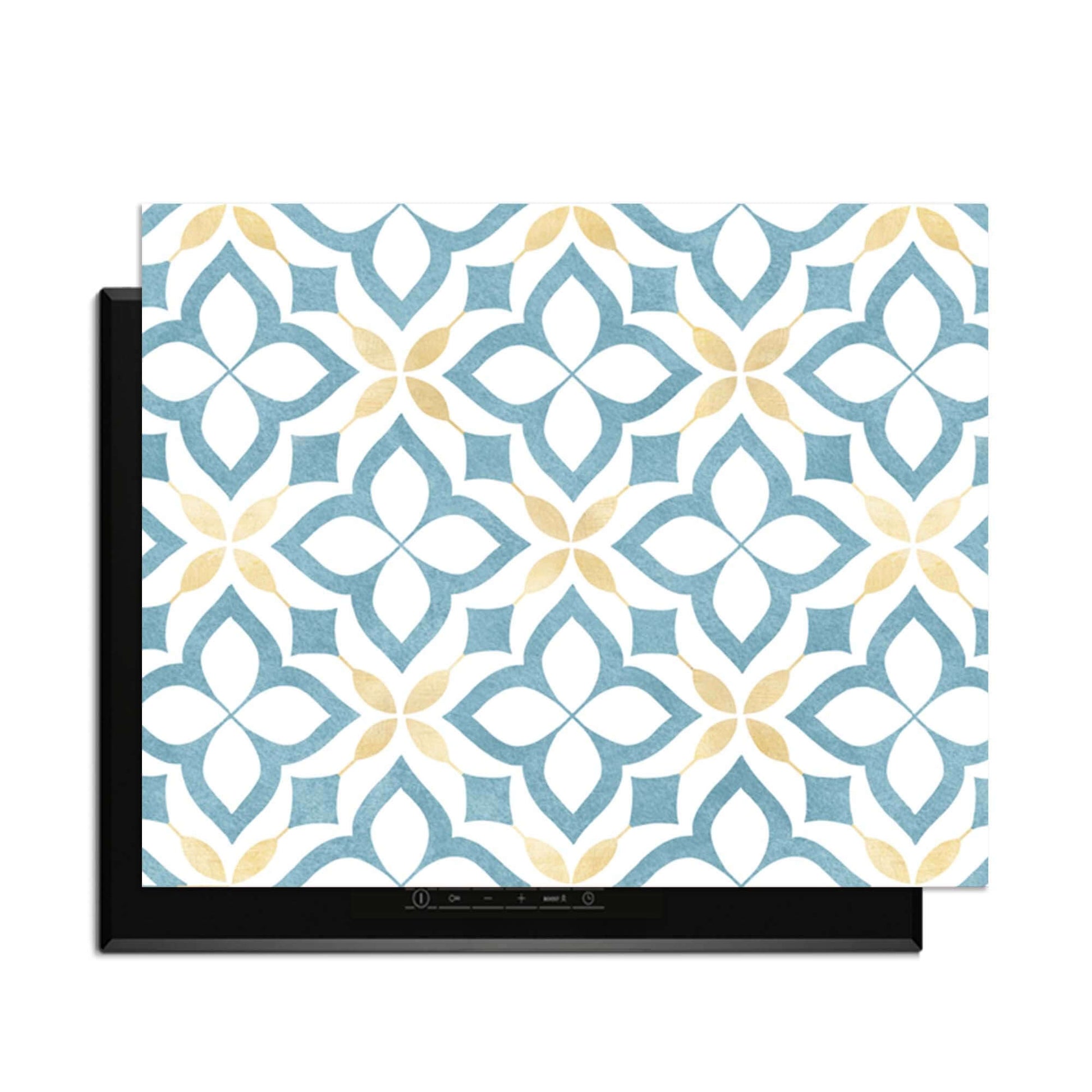 Deep Floral Cross - Herdabdeckplatte mit blau-goldenen Blumen auf Weiß, stilvoll und mediterran für die Küche