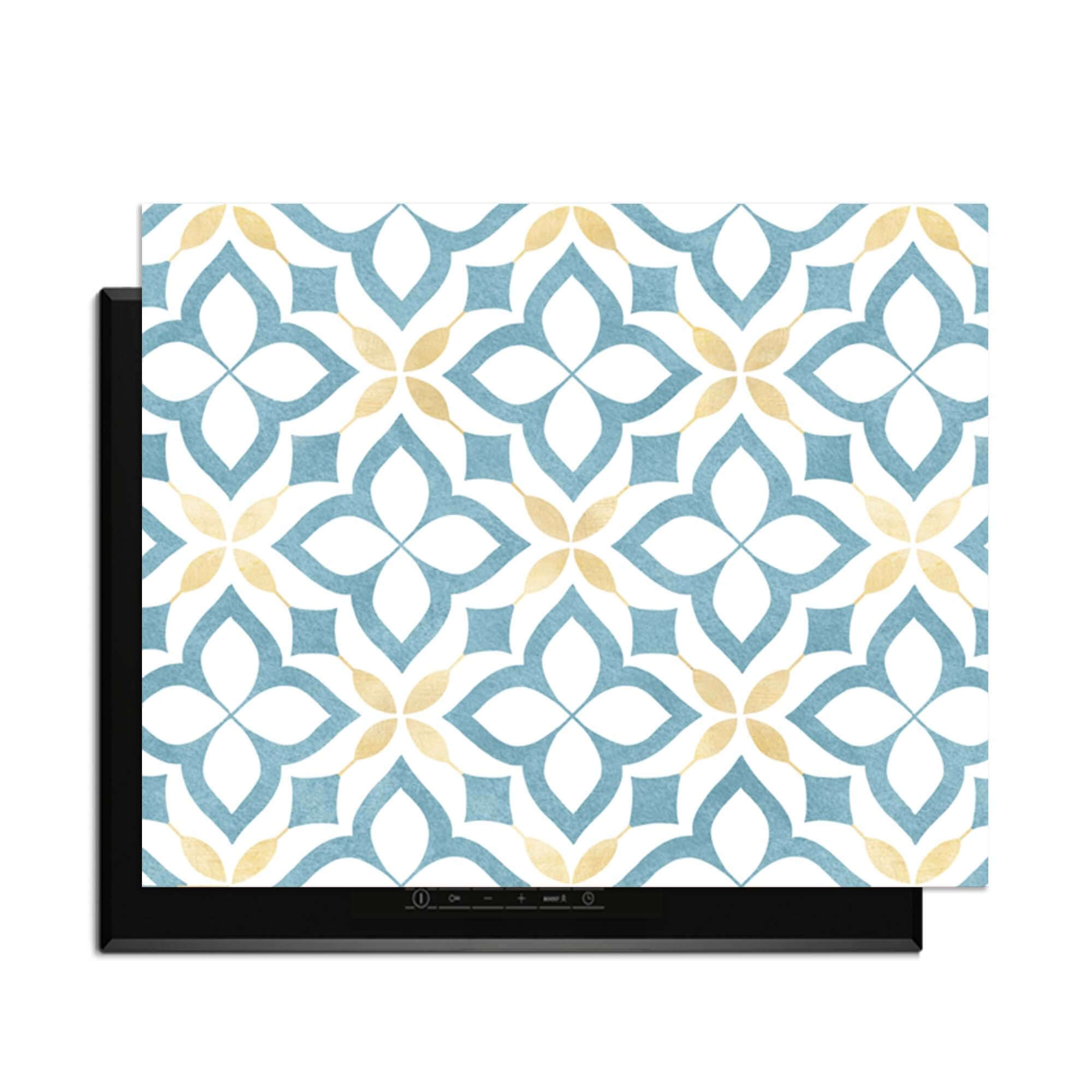 Deep Floral Cross - Herdabdeckplatte mit blau-goldenen Blumen auf Weiß, stilvoll und mediterran für die Küche