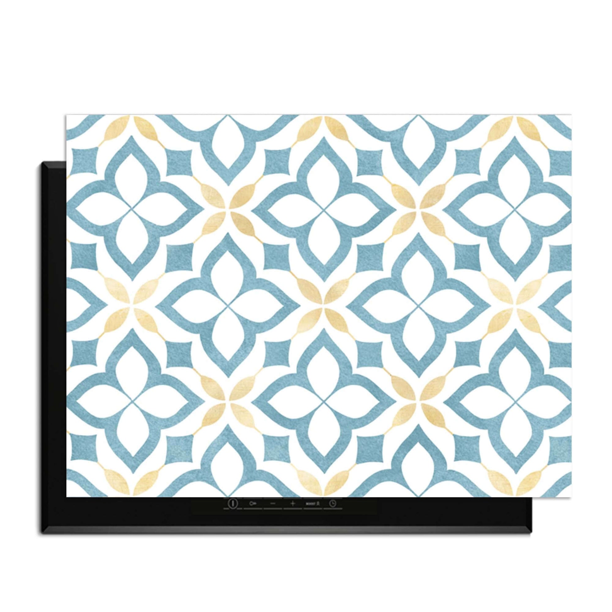 Deep Floral Cross - Herdabdeckplatte mit blau-goldenem Blumendesign.
