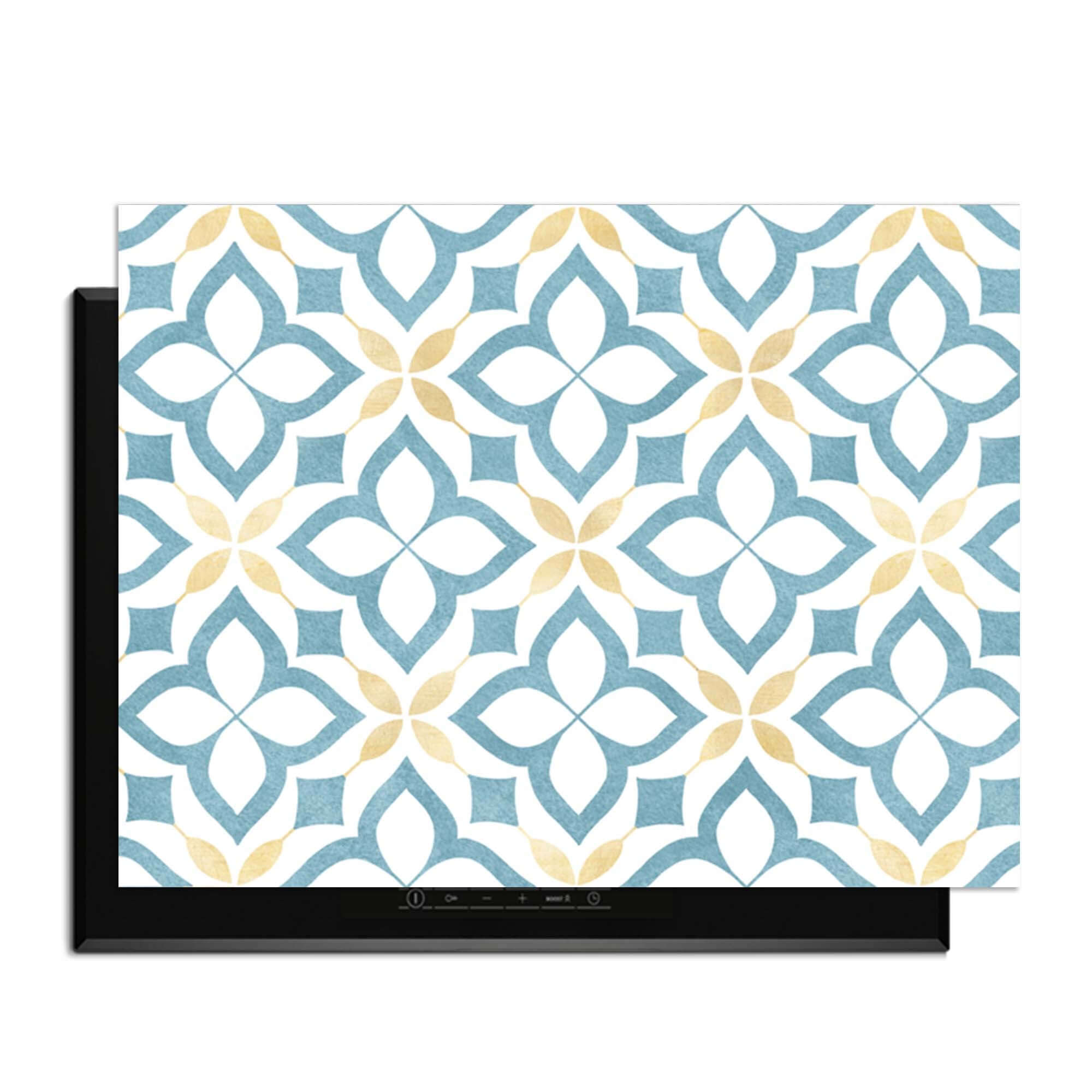 Deep Floral Cross - Herdabdeckplatte mit blau-goldenem Blumendesign.