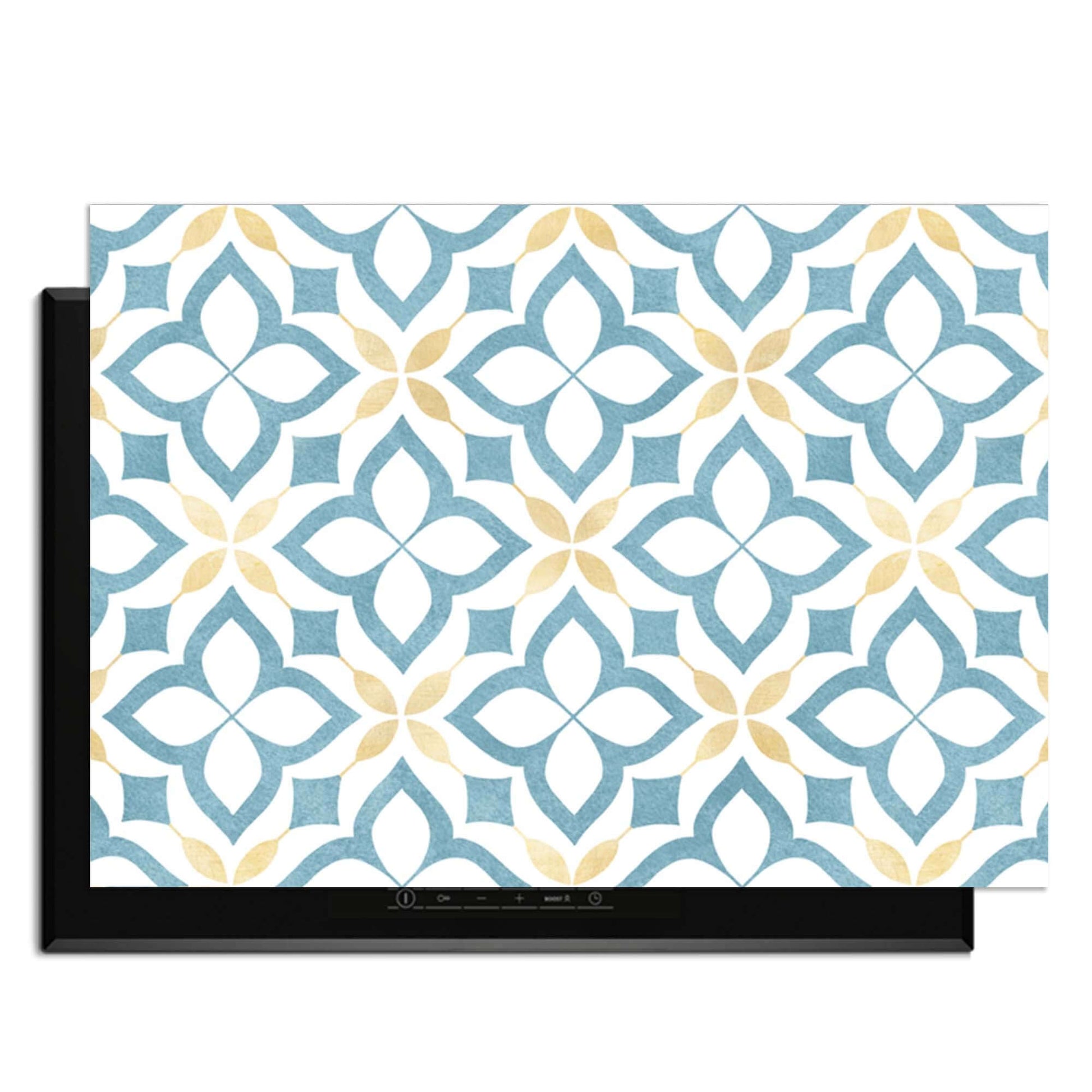 Deep Floral Cross - Herdabdeckplatte mit blau-goldenem Blumenmuster auf weißem Hintergrund für stilvollen Küchenschutz