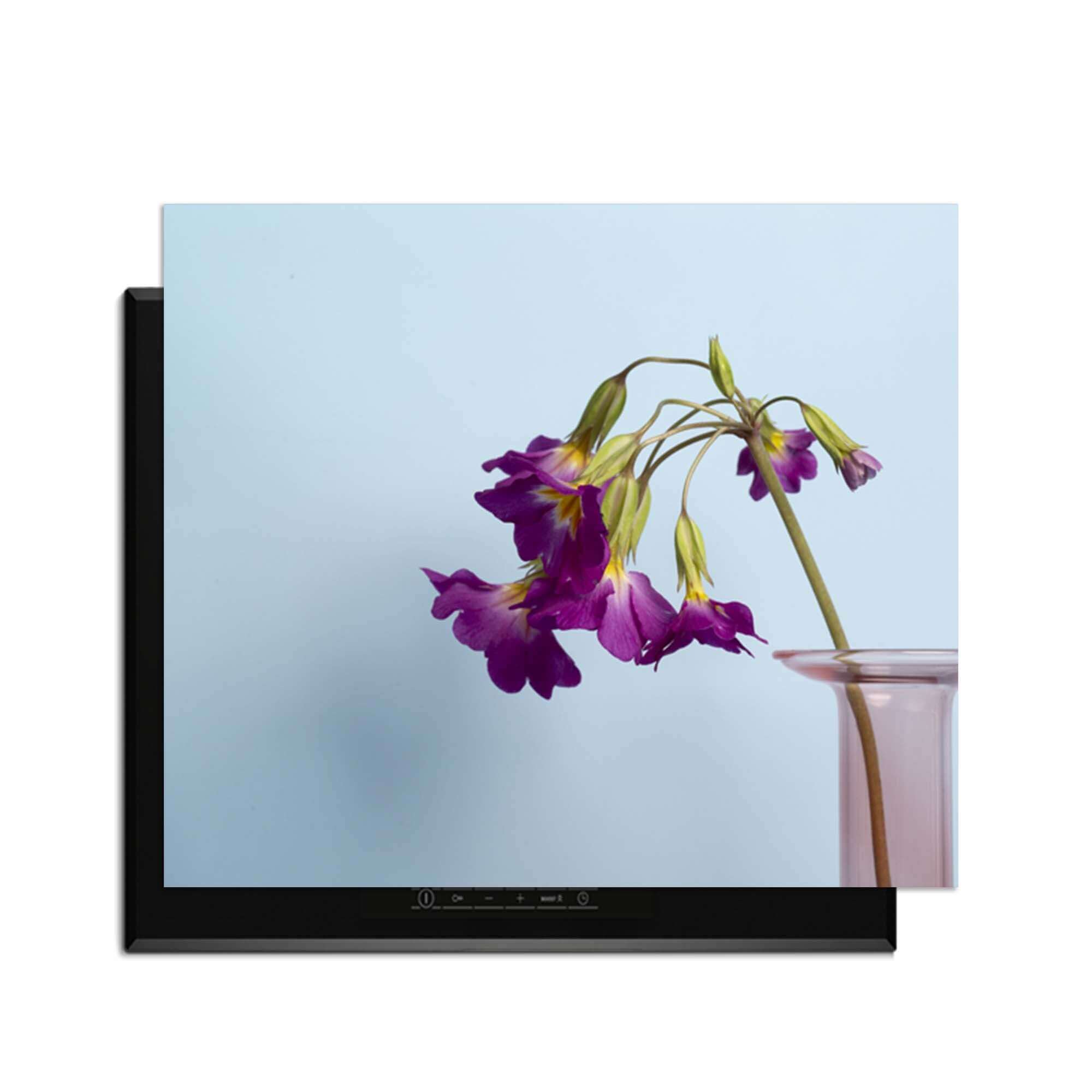 Delicate Drop - Herdabdeckplatte mit lila Blumen auf einem Induktionskochfeld.